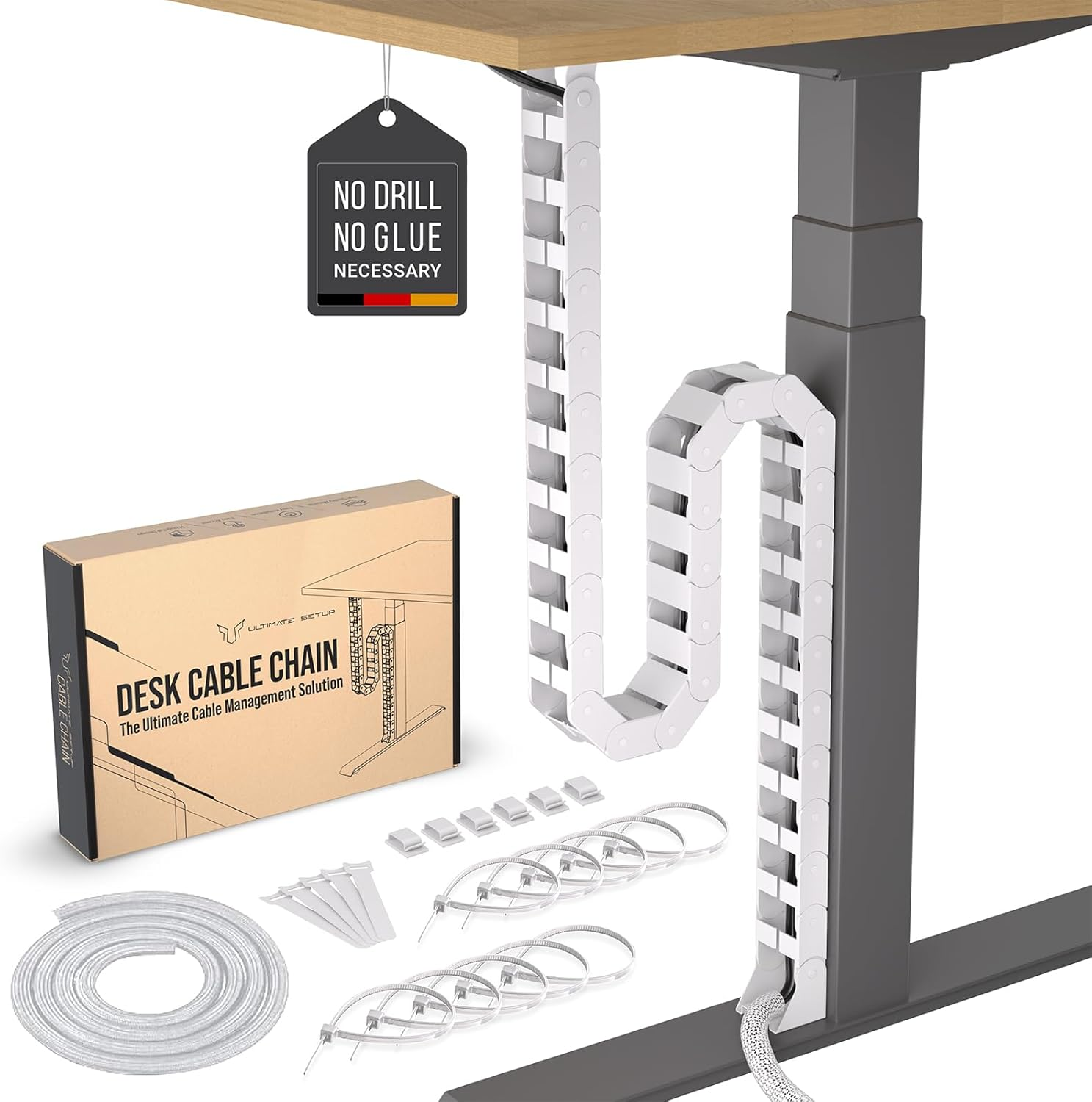 Under Desk Cable Management Vertebrae &ndash; Perfect for Sit Stand Desk Cable Management - Wire Management - Adjustable Length - Flexible Cable Spine - Chain Raceway Cable Management (White)