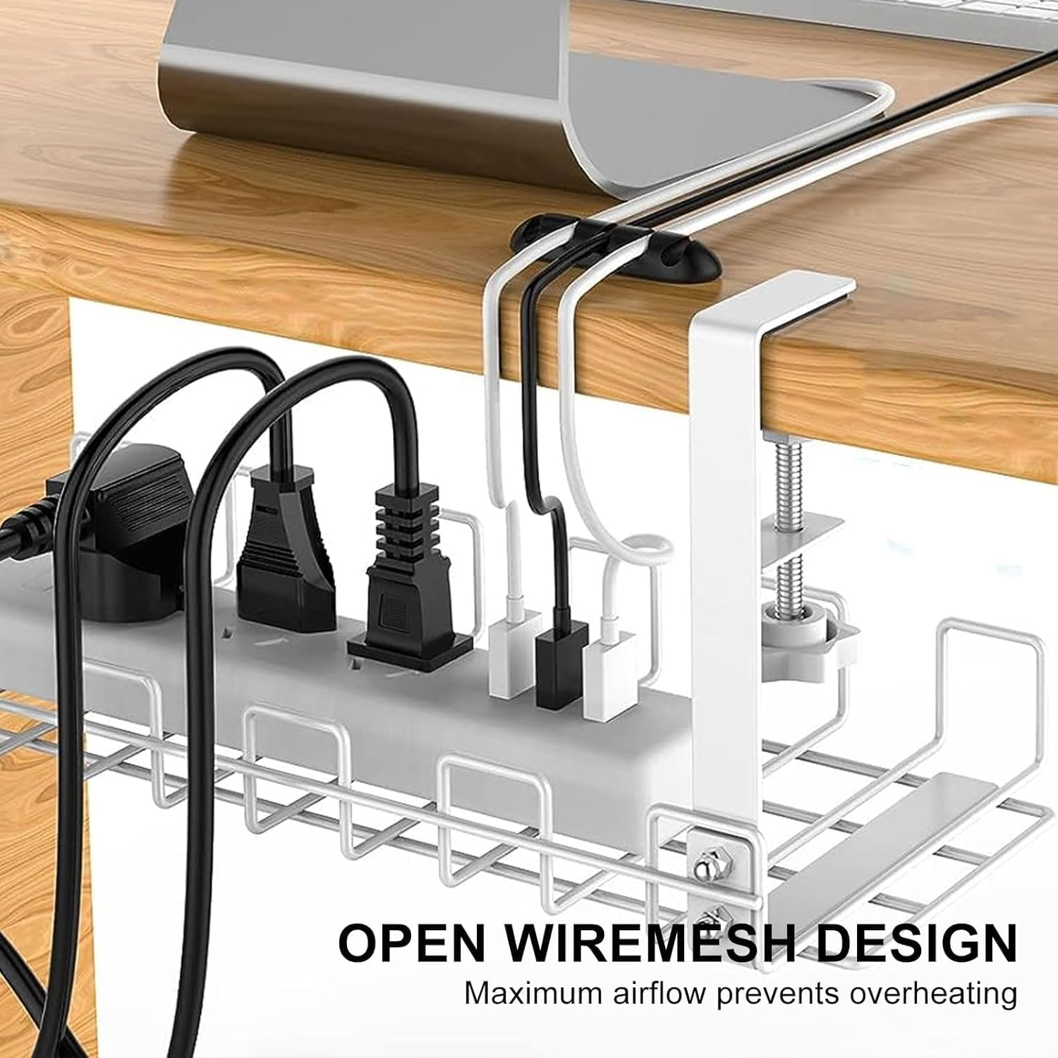 NOAEOU under Desk Cable Management Tray, Super Sturdy under Desk Wire Management Organizer,Clamp Install Metal Cord Management Rack,Perfect for Office Home,15.7In Cable Tray Basket (White) image number 5