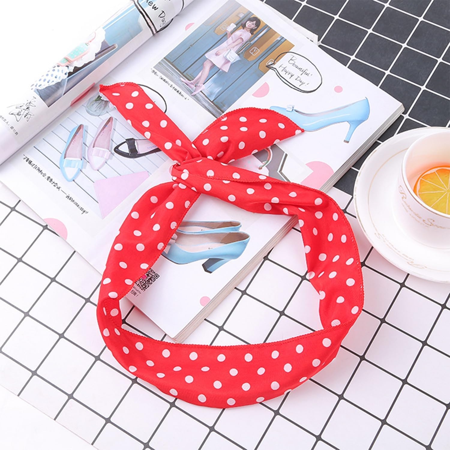 NYGGTYK 2 Pieces Rock 'N' Roll Headbands Polka Dot Headbands Retro Wire Hair Bands Headband Bows Headscarf Hair Accessories 50S 90S Style Women Hair Accessories image number 2