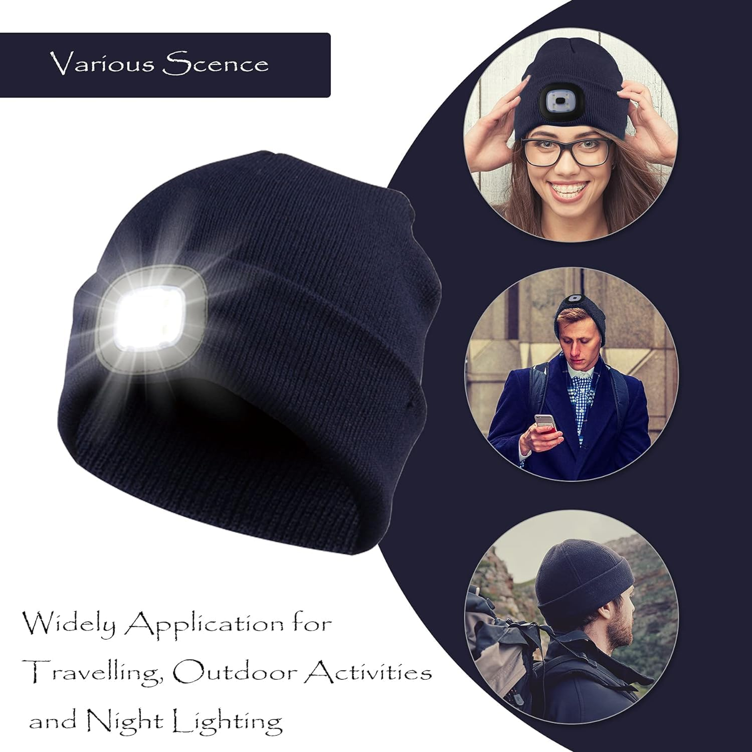 Beanie Hat with Light, Rechargeable USB LED Lighted Beanie Hat, Unisex Winter Warmer Knitted Hat for Night Walks, Fishing, Camping, Hunting - Dark Blue image number 4