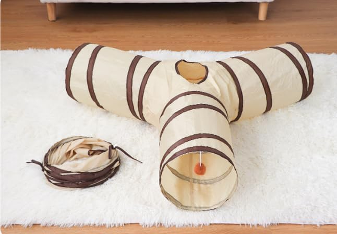 Cat Tunnel, Collapsible Tube with 1 Play Ball Toys, 3 Ways Tunnels for Indoor Cats, Puppy, Kitty, Kitten, Rabbit，Ensures Endless Entertainment for Your Furry Friends（Brown） image number 4