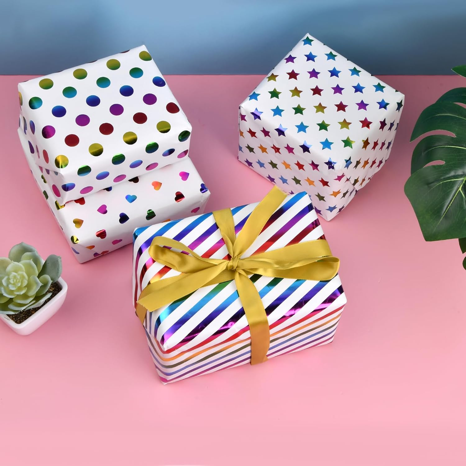 4 Sheets of Colourful Gift Wrapping Paper 27 * 19In Colourful Gift Packaging Set, Gift Wrapping Paper Mini Roll with Iridescent Stripes Printed Paper, Diy Wrapping Paper for Birthday Wedding Holiday image number 5