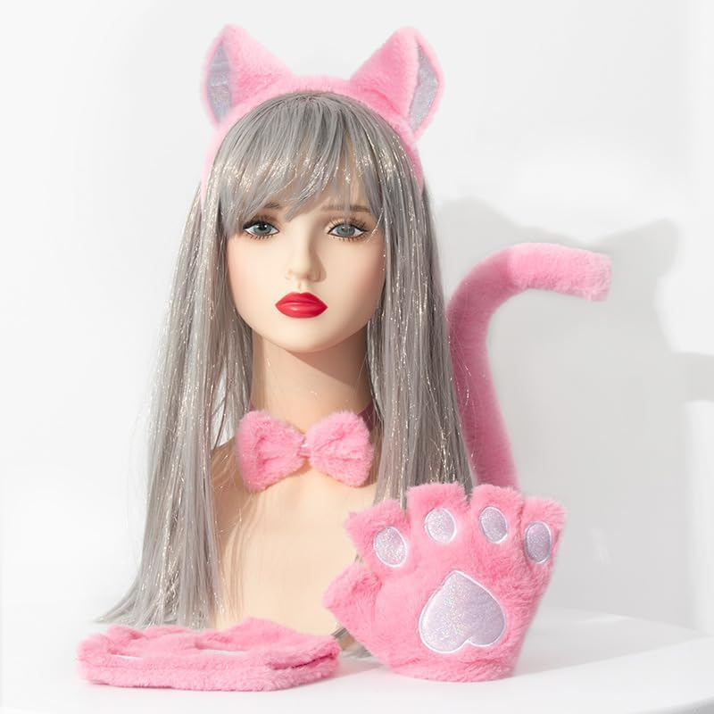 Cat Ears and Wolf Fox Animal Tail Cosplay Costume, Cat Costume Accessories Set, Cats Ear Headbands Tail Cats Paw Glove Bowknots Kids Halloween Animal Cosplays Accessories, Pink image number 5