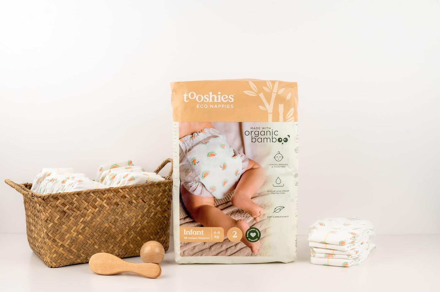 Tooshies Eco Nappies Size 2 Infant, 96 Count, White, 3.24 Kilograms + Tooshies Aloe Vera & Chamomile Eco Wipes, Pack of 1120 (16X70 Packs) + Tooshies Biodegradable Nappy Bags 40Pk, Green image number 1