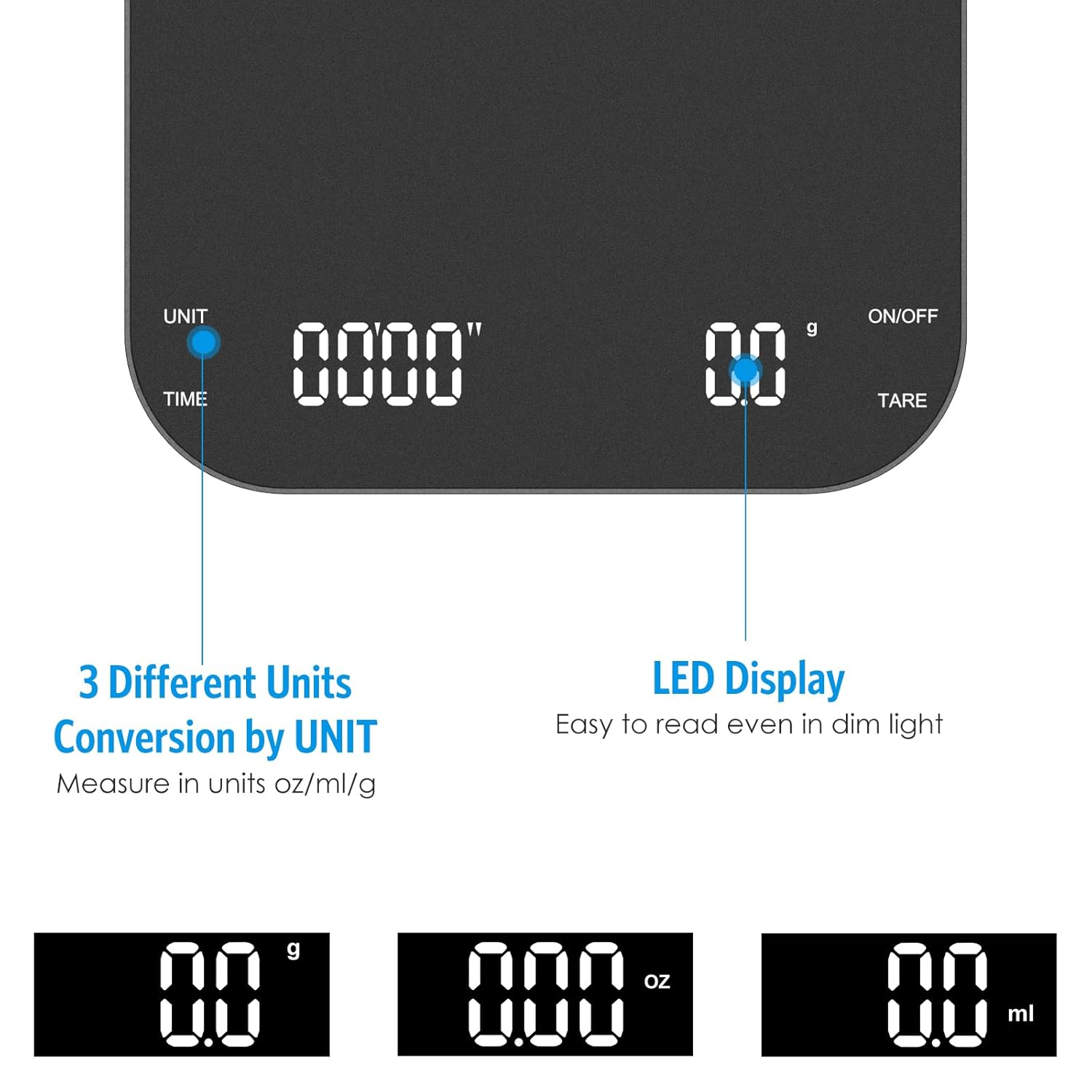Brifit 3Kg Digital Coffee Scales with Timer, Rechargeable Espresso Coffee Scale, LED Display Espresso Scale with Tare Function, Temperature Resistant, 0.1G Precision, Auto Shut Off, Units Conversion image number 3