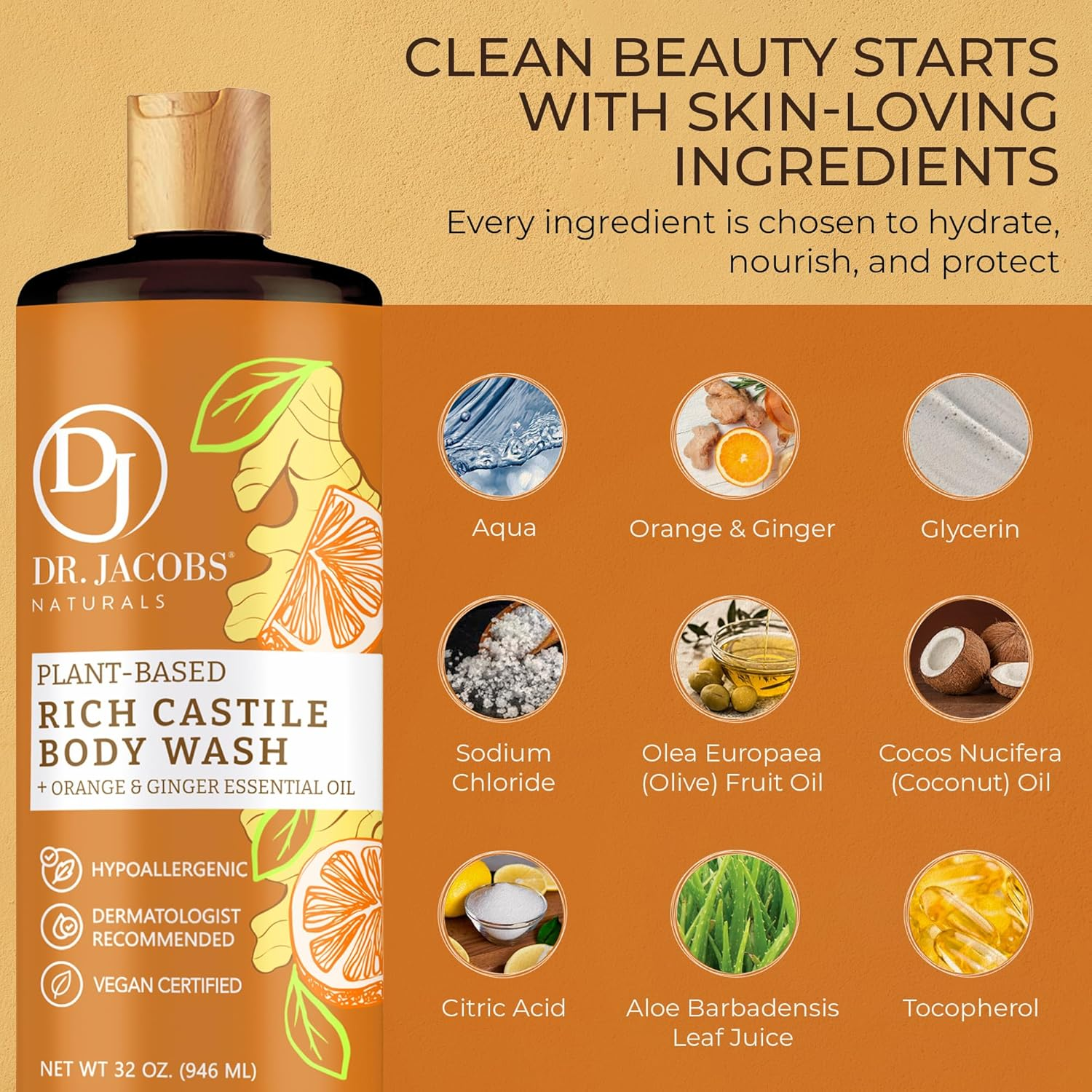 Dr. Jacobs Naturals Pure Castile Soap Liquid Body Wash, Orange & Ginger - All Natural Soap Infused with Vitamin E & Aloe Vera to Moisturize Dry and Sensitive Skin - Made in the USA - 32 Oz, Pack of 1 image number 4