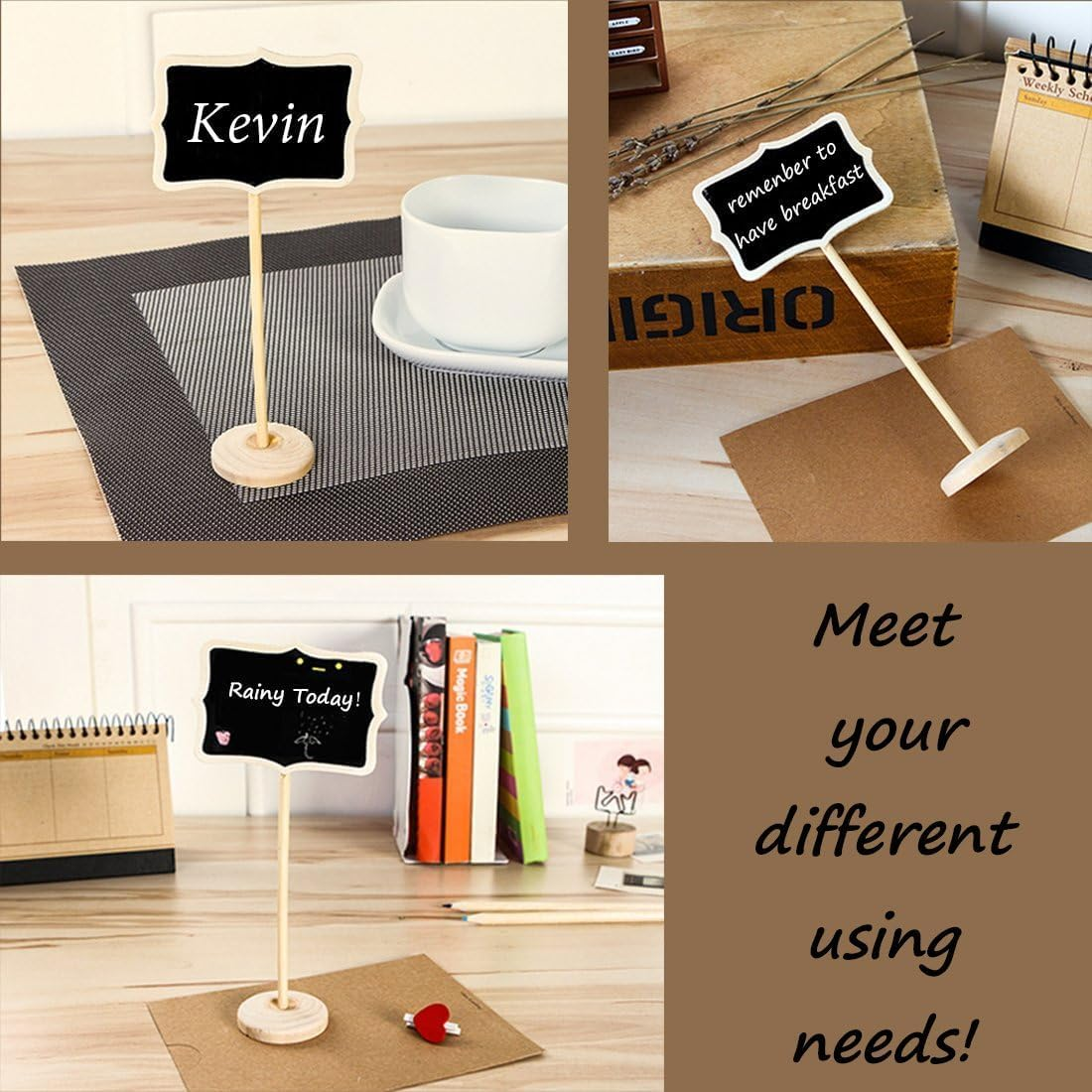 15 PCS Wood Mini Chalkboard Sign and Replacement Stickers, Food Labels for Party Buffet,Blackboard for Message Board Signs,Weddings Place Cards, Birthday Party image number 2