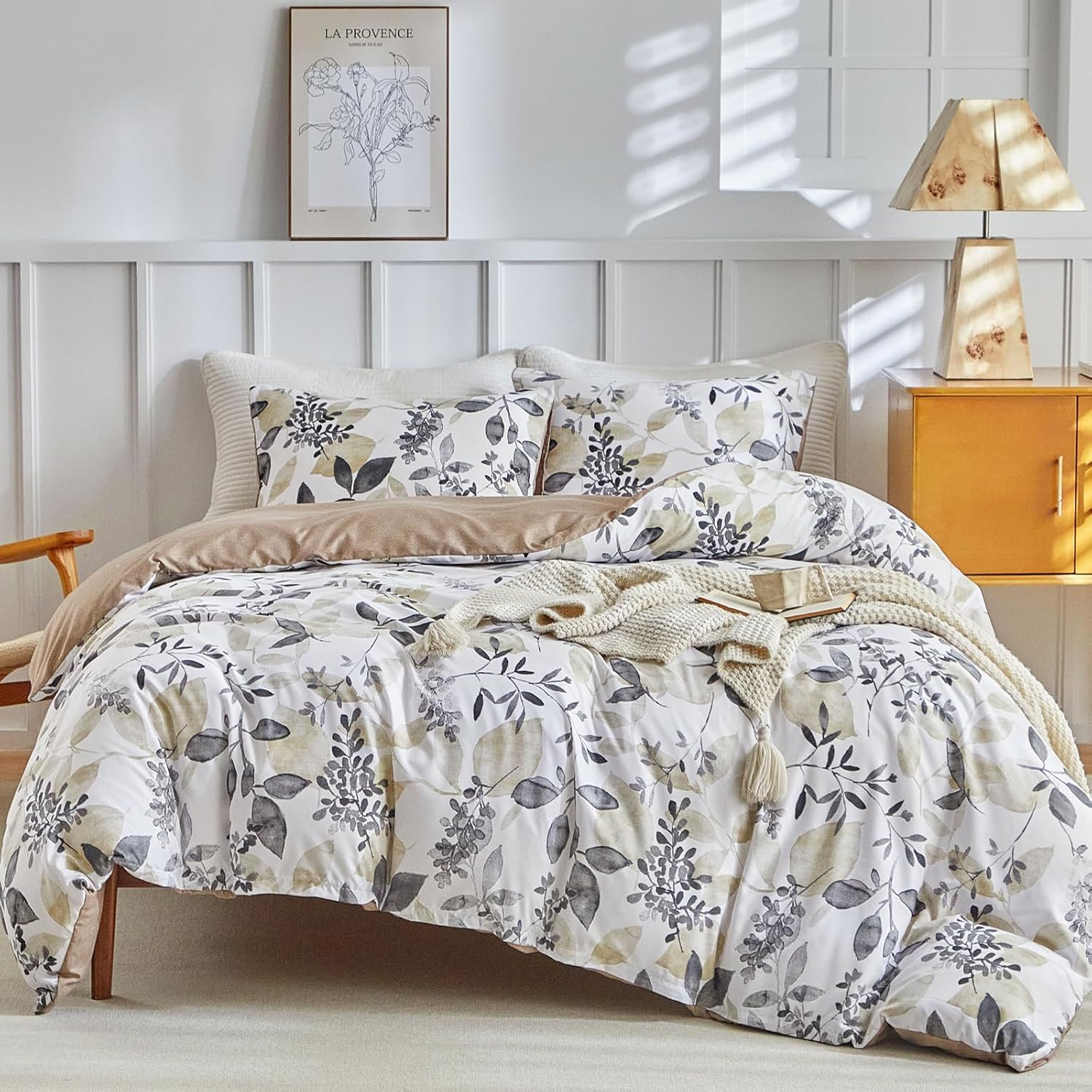 Duvet Cover for 135/150 Cm, Duvet Cover 230 X 220 Cm with Bohemian Pattern, Microfibre, 3 Pieces, Consisting of 1 Duvet Cover 230 X 220 Cm + 2 Pillowcases 50 X 75 Cm, Khaki Autumn Leaves image number 4