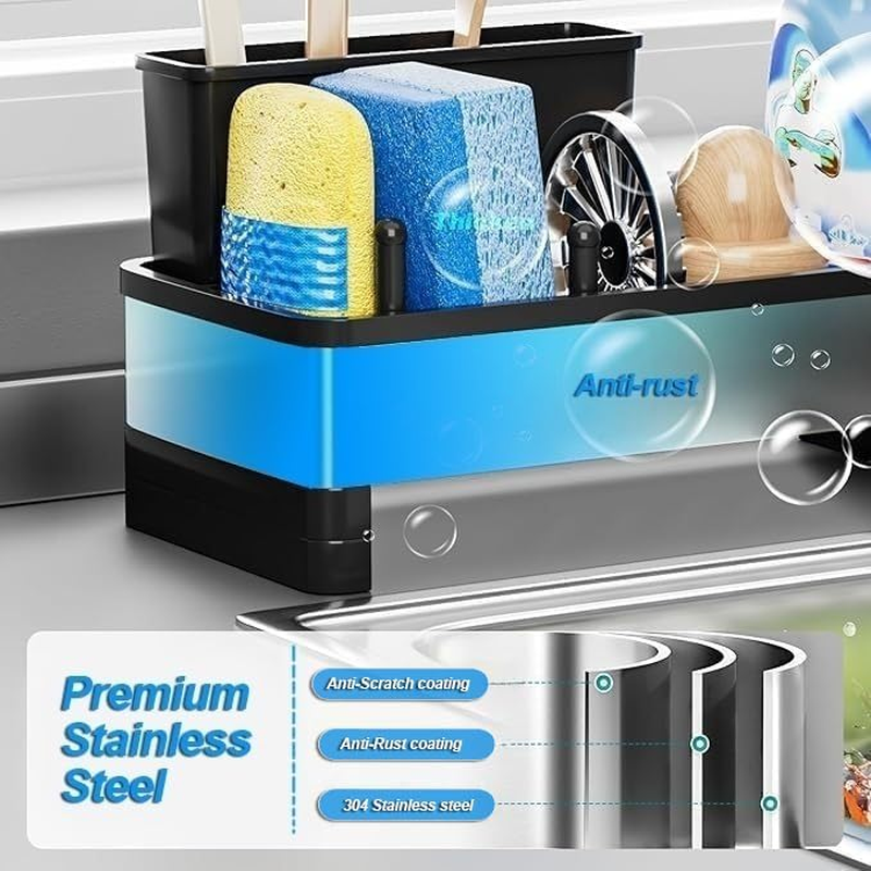 AIMANWEI Kitchen Sink Caddy Organiser,Sponge Holder for Kitchen Sink with Self Draining Tray,Rag Holder,Brush Holder,304 Stainless Steel,Soap Dispenser Storage Accessories for Storage image number 3