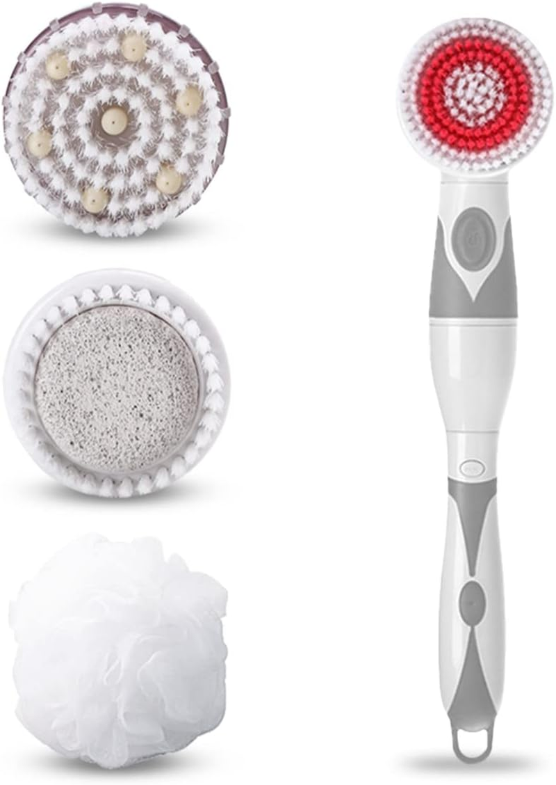 Electric Body Brush, Long Handled Body Scrubber with 4 Brush Heads, Waterproof Soft Silicone Exfoliating Spin Brush Massage Bath Brush, Battery Powered Back Shower Brush & Facial Cleansing Brush image number 2