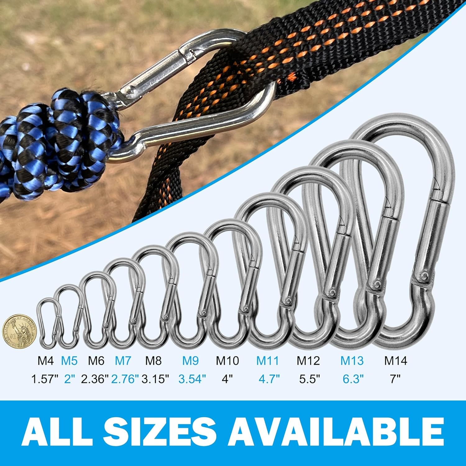 304 Stainless Steel Carabiners - Heavy Duty, Durable & Rust-Free Clips for Gym, Swing, Dog Leashes, Hammocks, Keychains, and More image number 3