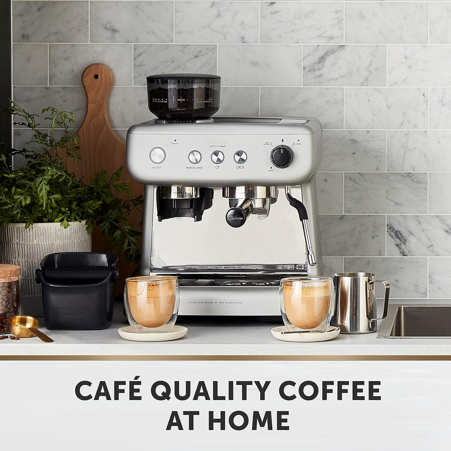 Sunbeam Barista Max Coffee Machine | Manual Espresso Machine, Latte & Cappuccino Coffee Maker with Integrated Bean Grinder & Steam Milk Frother, 15 Bar Italian Pump, Silver, EM5300S