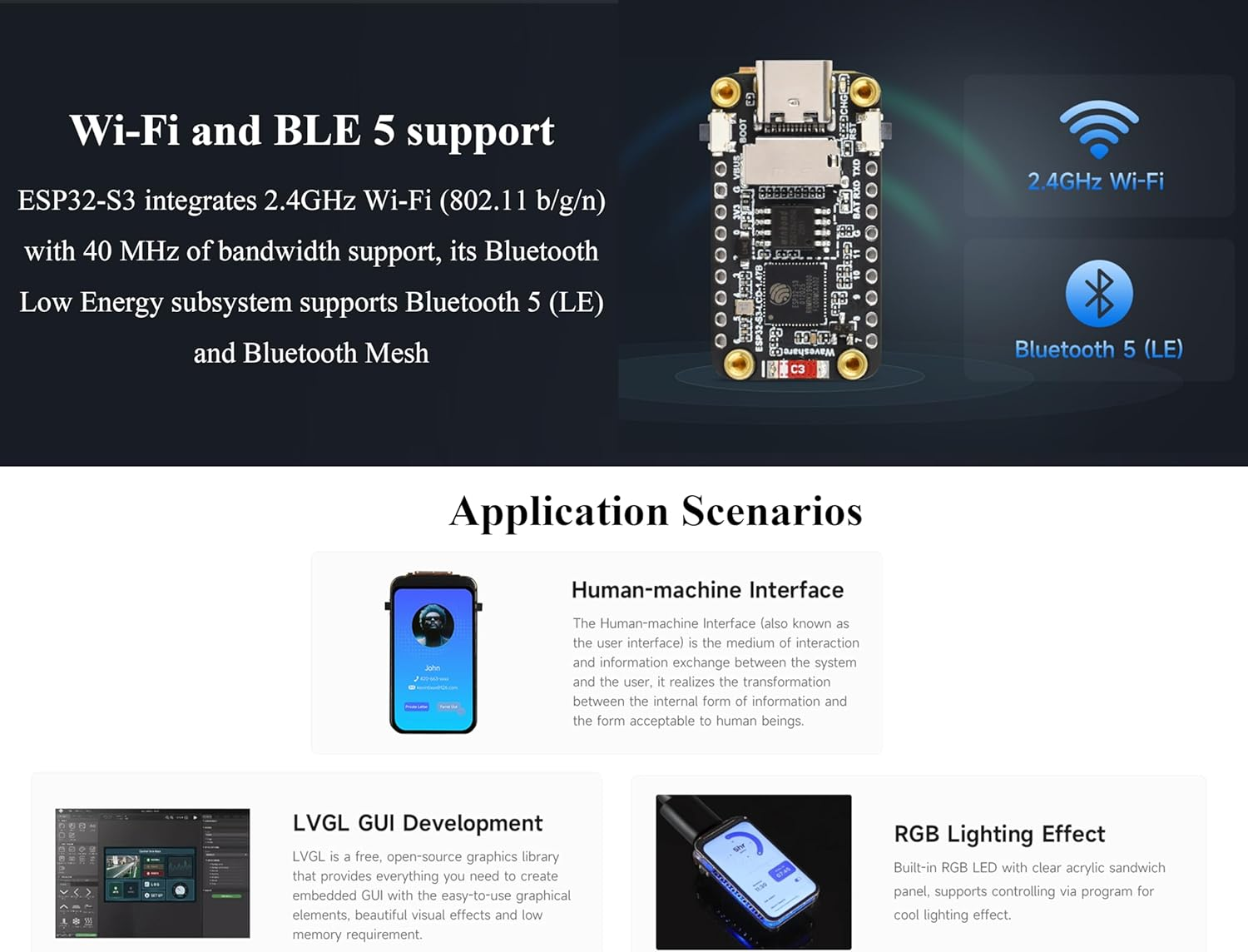 ESP32-S3 1.47Inch LCD IPS Display Development Board, 172X320 Resolution, 262K Display Color, 240Mhz LX7 Dual-Core Processor, Support 2.4Ghz Wi-Fi/Ble 5, ESP32 with Display, with Pre-Soldered Header image number 6