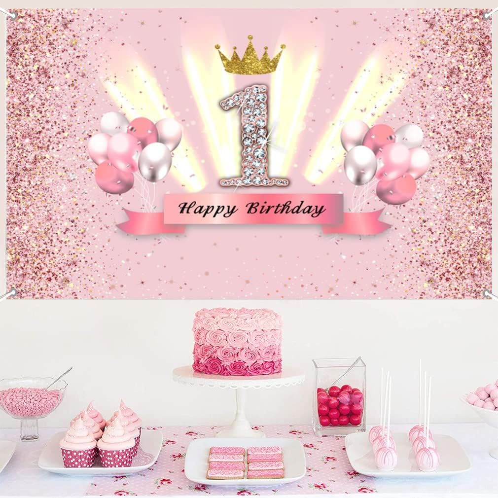1St Birthday Decorations Party Decor for Girls Fabric Sign Poster Backdrop Banner Party Supplies Glitter Pink, 59"X35.4 image number 1