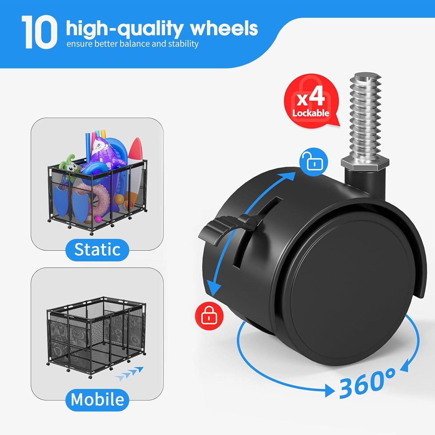 GENKI Pool Storage Bin Cart Poolside Toys Box Floats Noodles Container Organizer Outdoor Portable Rolling Wheels Mesh Basket Swimming Equipment Balls Holder image number 5