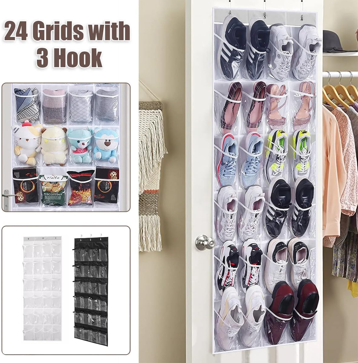 AIMALL 24-Pocket Over-The-Door Shoe Organizer, Hanging Shelf Storage with Stainless Steel Hooks, Durable Non-Woven Polyester, Space-Saving, 17.7X53 Inches - White image number 5