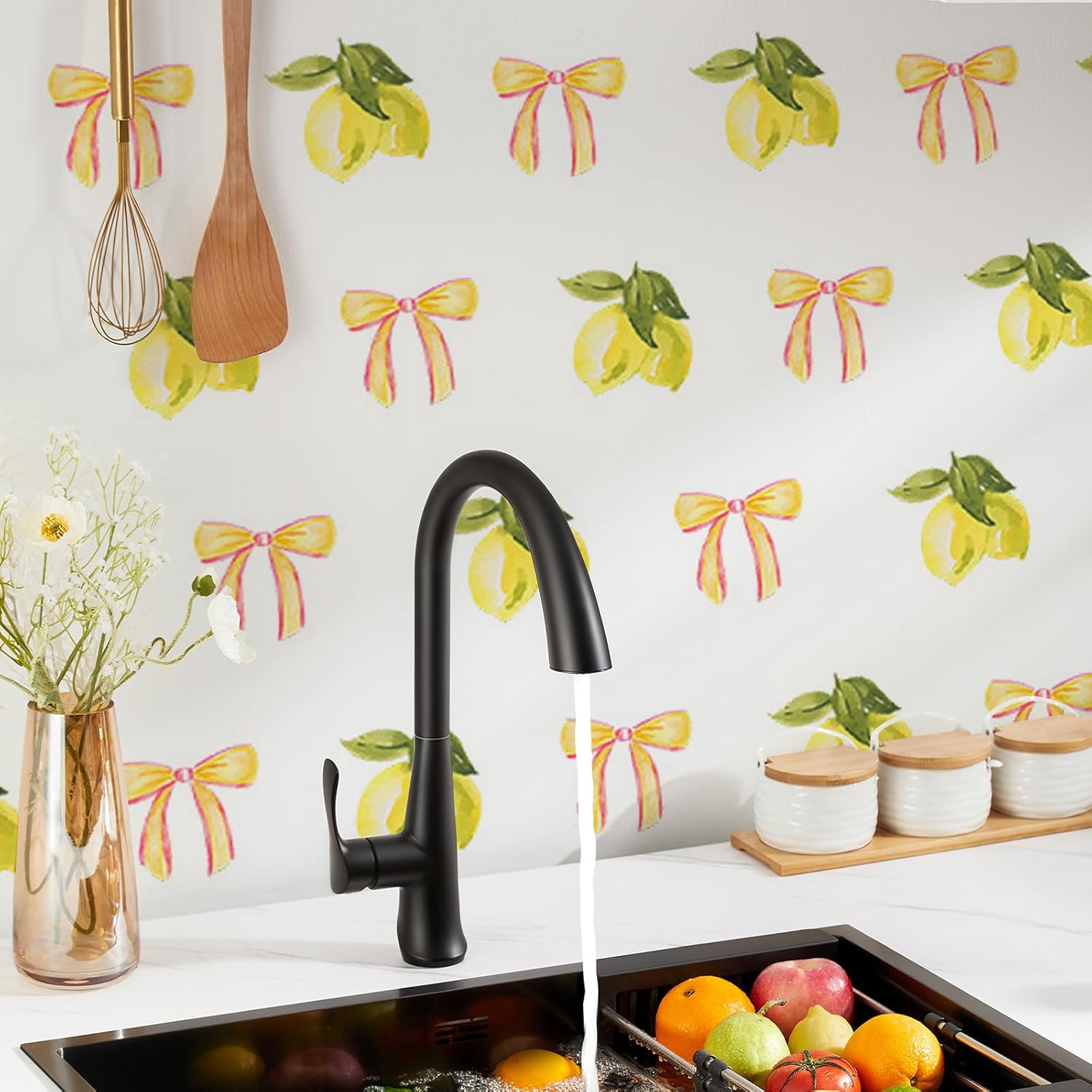 Untilplan 48 Pcs Flowers Wall Decal Boho Wall Decals Vinyl Wall Lemon Stickers Cute Girls Groovy Floral Stickers for Baby Kids Bedroom Bathroom Living Room Home Decoration-Lemo