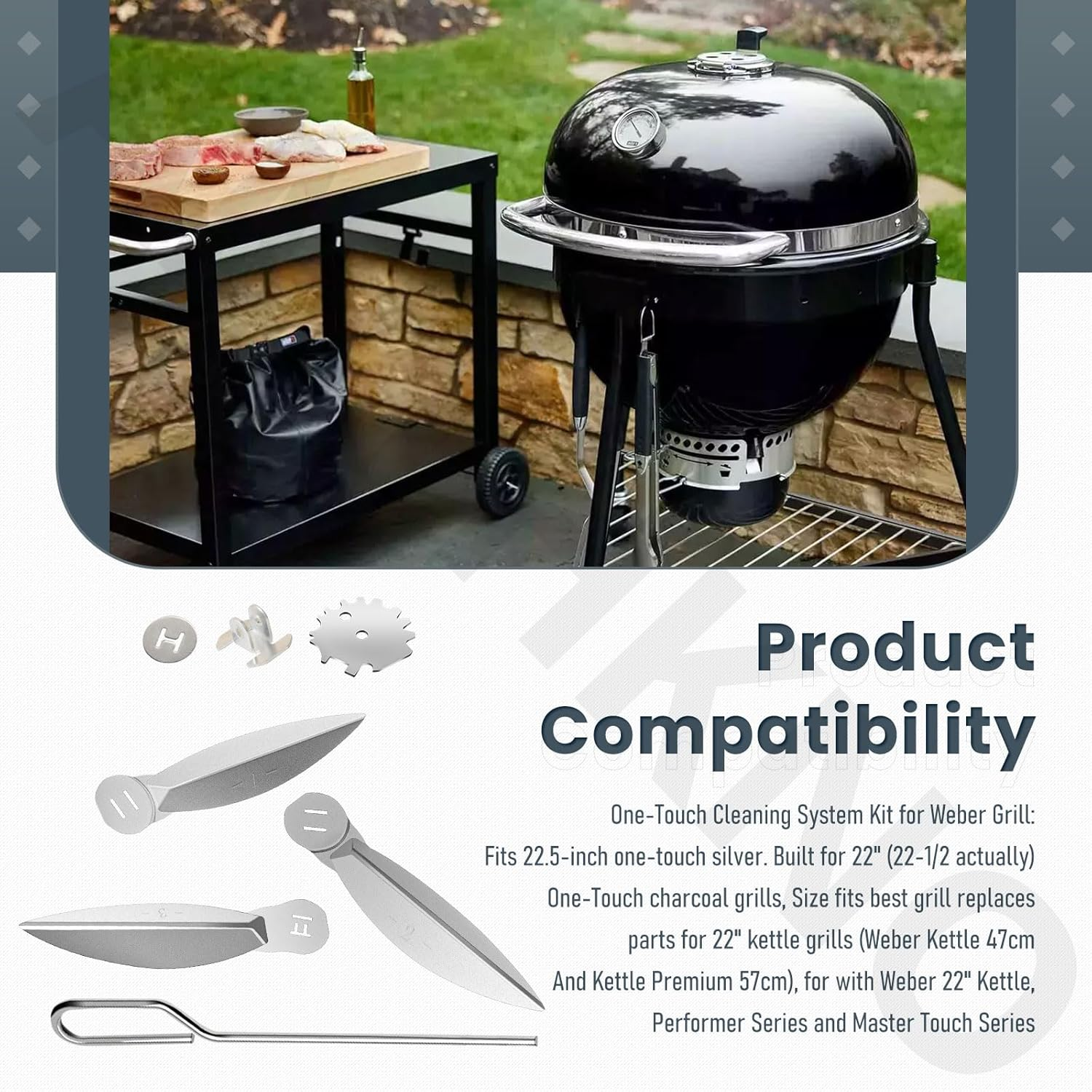 22-1/2-Inch One Touch Cleaning System Kit, Compatible with Weber Grill, Kettle Grills - It Is Used in the Bottom of Grill Damper Air Amount Control and Ash Clean-Out. (1) Silver image number 4
