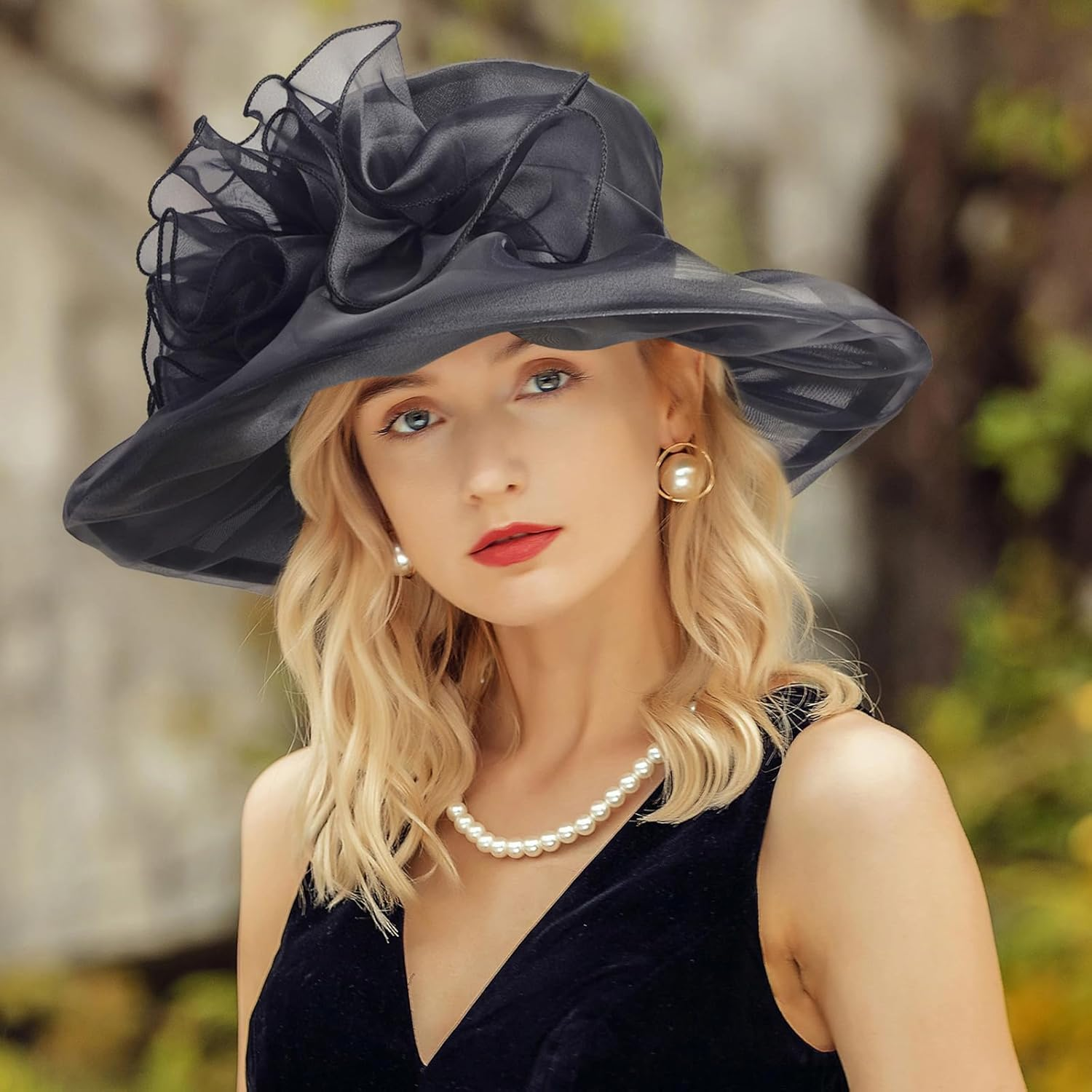 2025 Wide Brim Floral Sun Hat Church Hats for Women Ladies, Organza Feather Racecourse Horse Race Day Fascinator Hats for Tea Party Wedding UV Protection image number 4