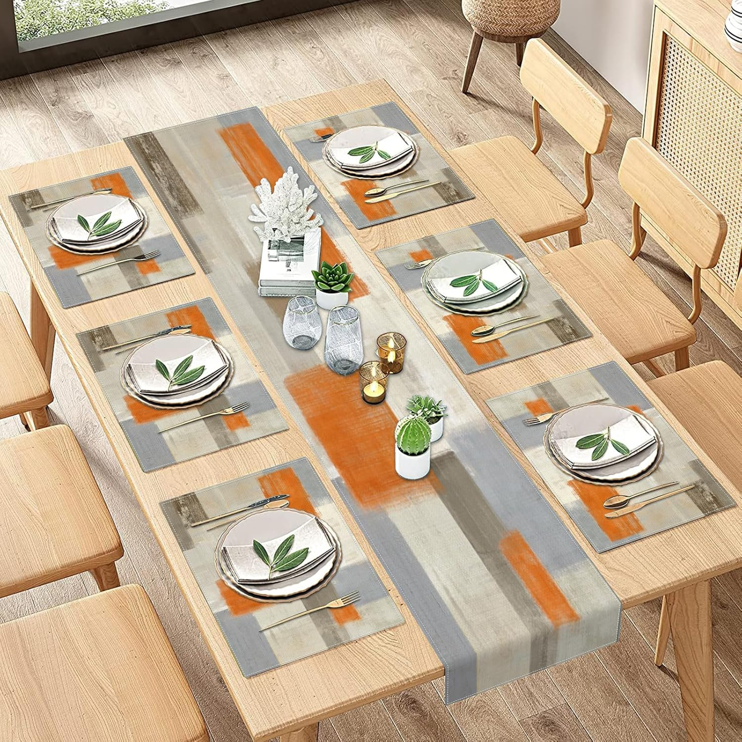 Emvency Farmhouse Table Runner and Placemats Set of 6, Cotton-Linen Modern Orange and White Painting Art Dining Table Decor for Daily Use(1 Table Runner 72Inches Long and 6 Placemats) image number 5