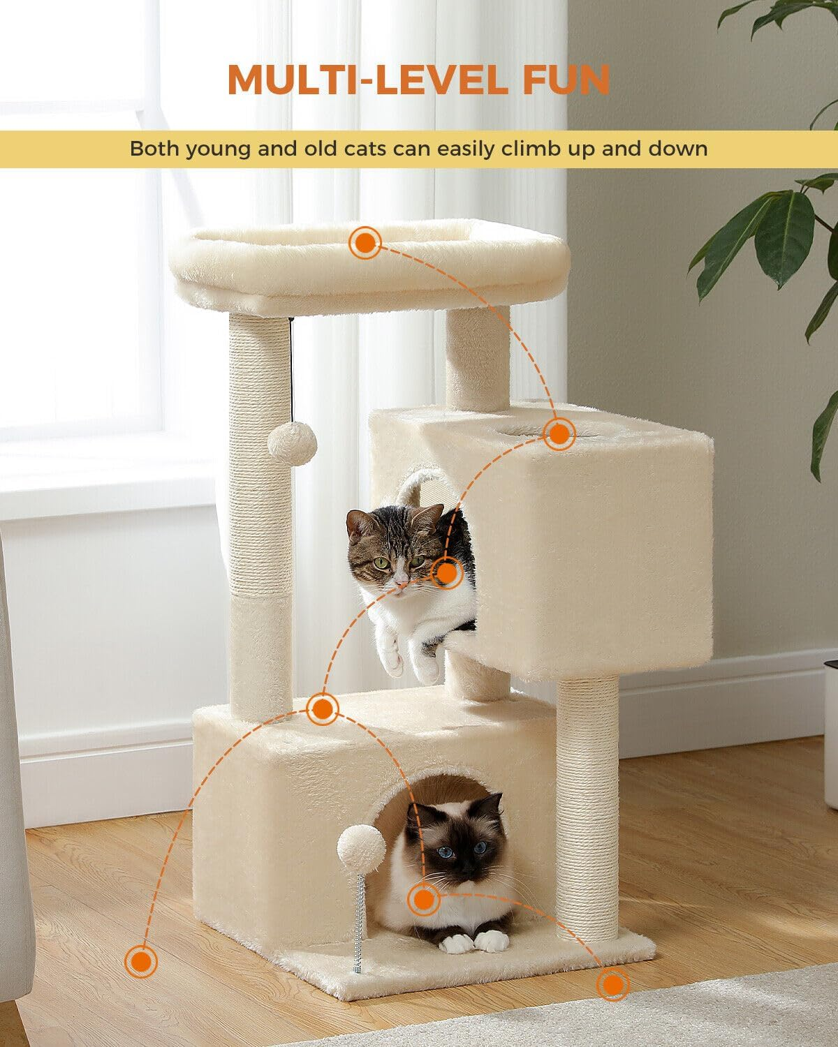 PAWZ Road Small Cat Tree 80Cm Cat Tower for Indoor Cats with 2 Condos Fit Cats up to 6Kg, Cat Scratching Posts with 2 Cat Toy Balls, Beige - Beige image number 4