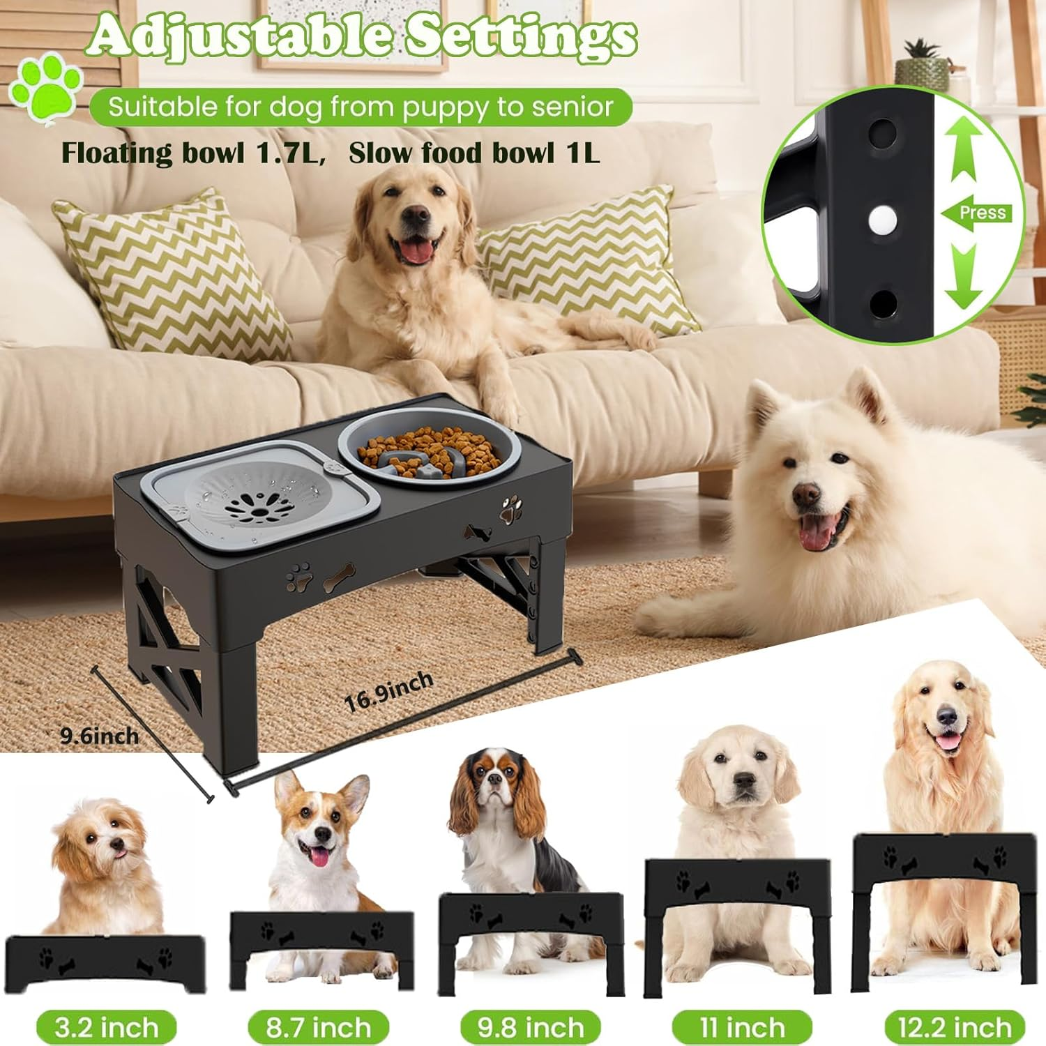 Elevated Dog Bowls,Foldable Raised Dog Bowls with No Spill Dog Water Bowl and Slow Feeder,5 Heights Adjustable Dog Food Bowl for Small Medium Large Dogs,Cats &Pets ﻿ image number 4