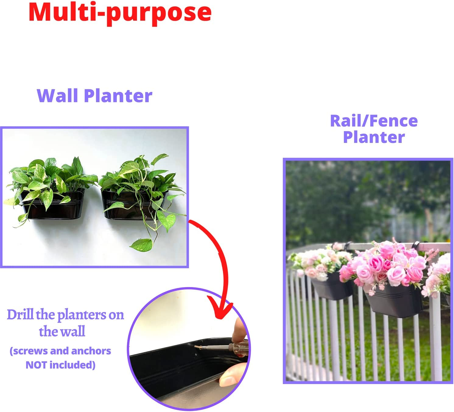 Lalagreen Railing Planter - 2 Pack, 11.2 Inch Black Metal Iron Hanging Flower Pots Deck Rail Fence Hanging Bucket Modern Countryside Style Window Box Plant Holder with Hooks for Outdoor Porch Decors