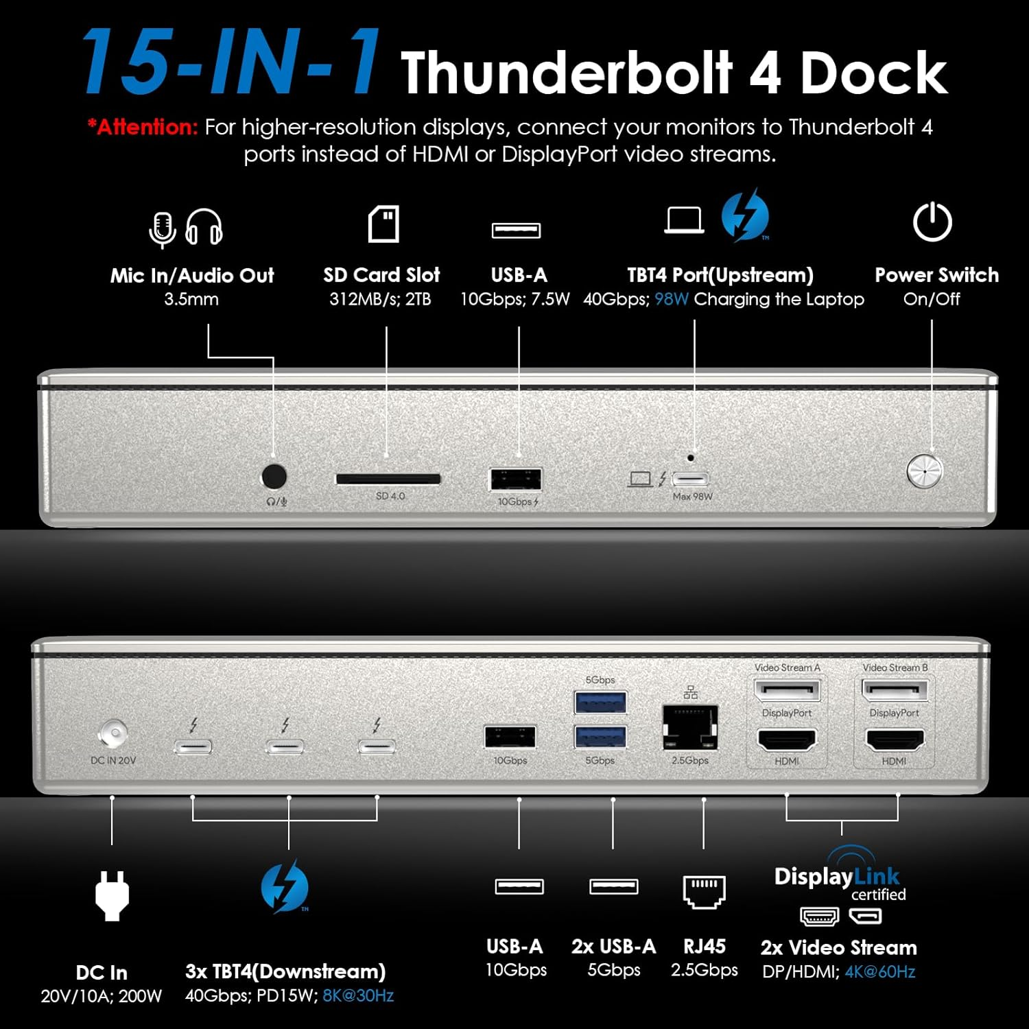 Displaylink 15-In-1 Thunderbolt 4 Docking Station - WAVLINK Quad Monitor 4K@60Hz, Single 8K@30Hz, 98W Charging, 3Xthunderbolt 4 Ports, 2Xhdmi, 2Xdp, 10Gbps USB 3.1, USB C Laptop Dock for Mac/Windows image number 4
