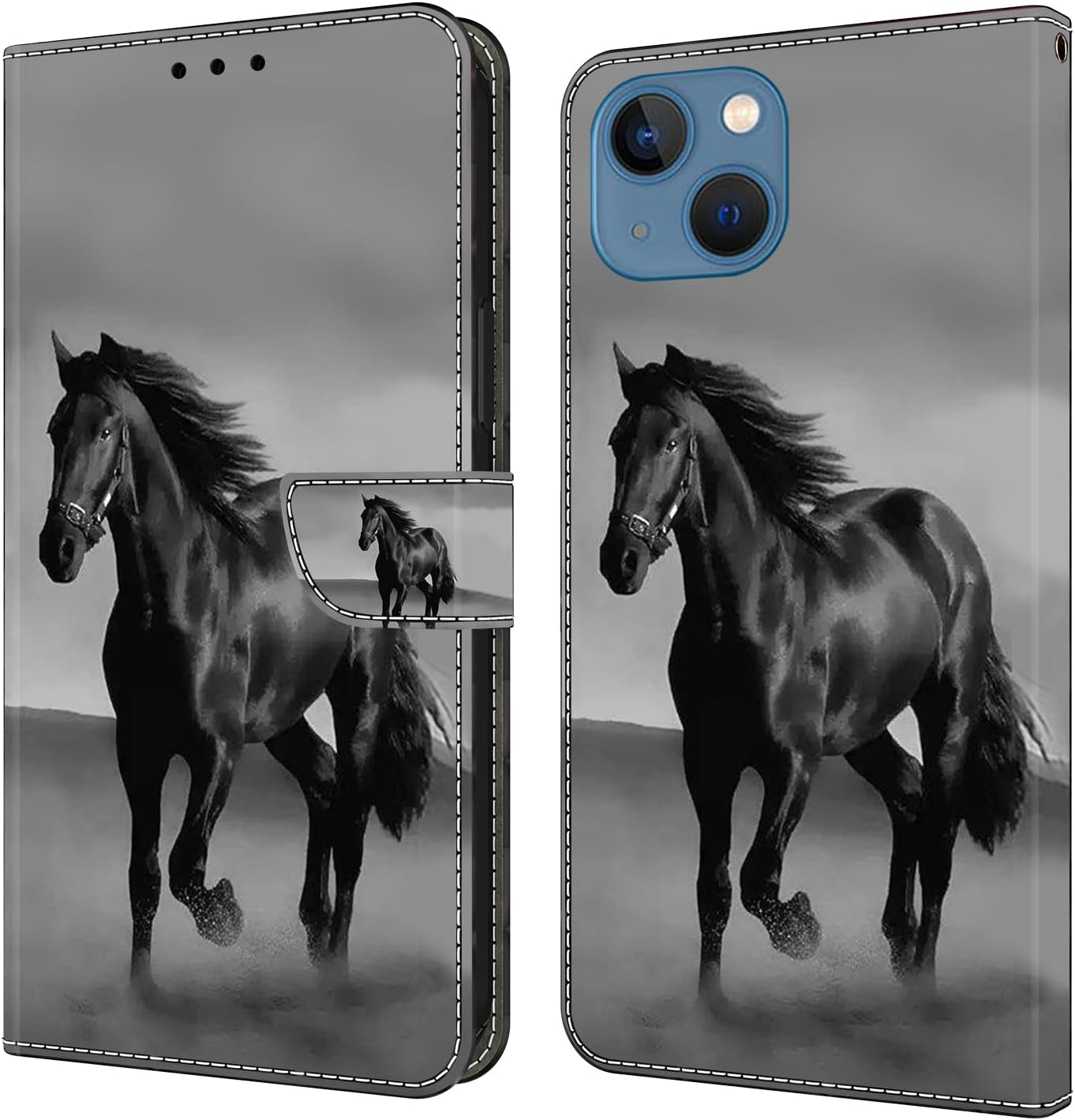 BOLELAW for Iphone 13/14 Mobile Phone Case PU Leather Flip Case Stand Wallet Protective Flip Case Cover with Card Slot, Stand Function, Magnetic Protective Case, Black Horse