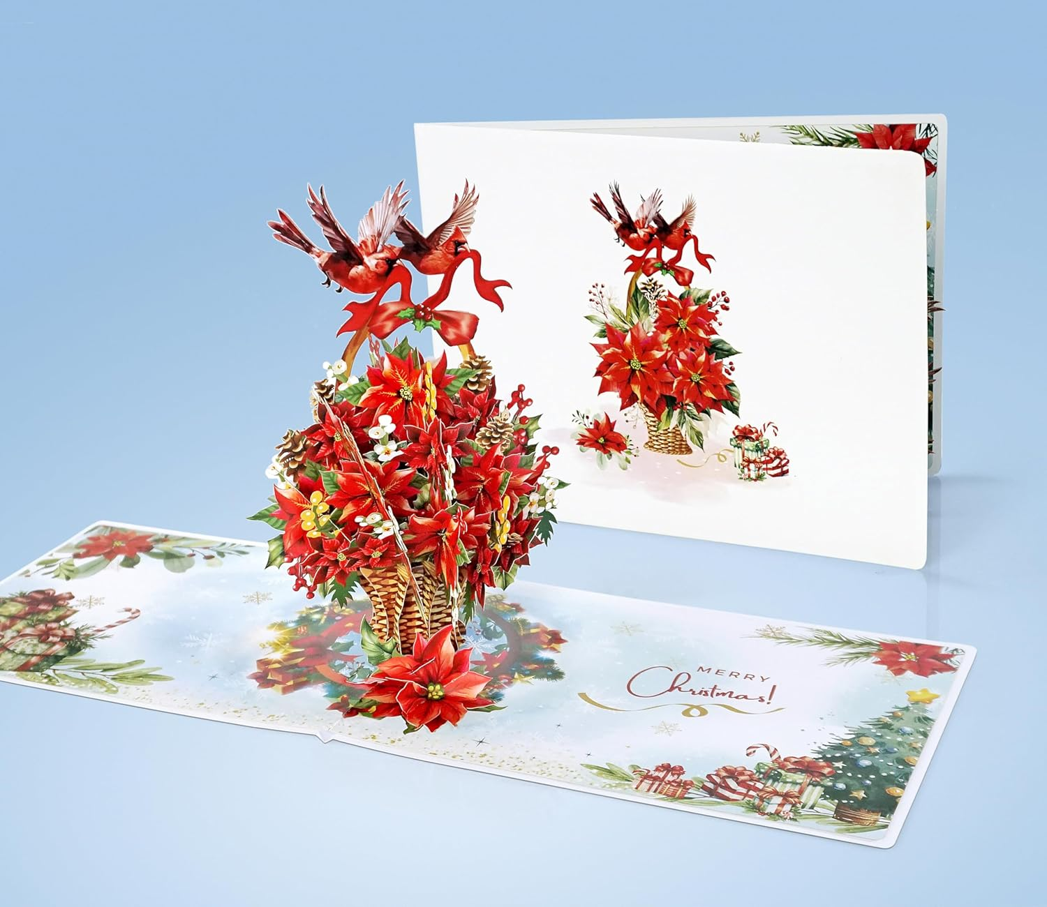CUTPOPUP Poinsettia Basket with Cardinals, Christmas Card Pop Up, 3D Xmas, Merry Christmas, New Year, Holiday Greeting Card (Poinsettia Basket with Cardinals) CN293AU1520 image number 2
