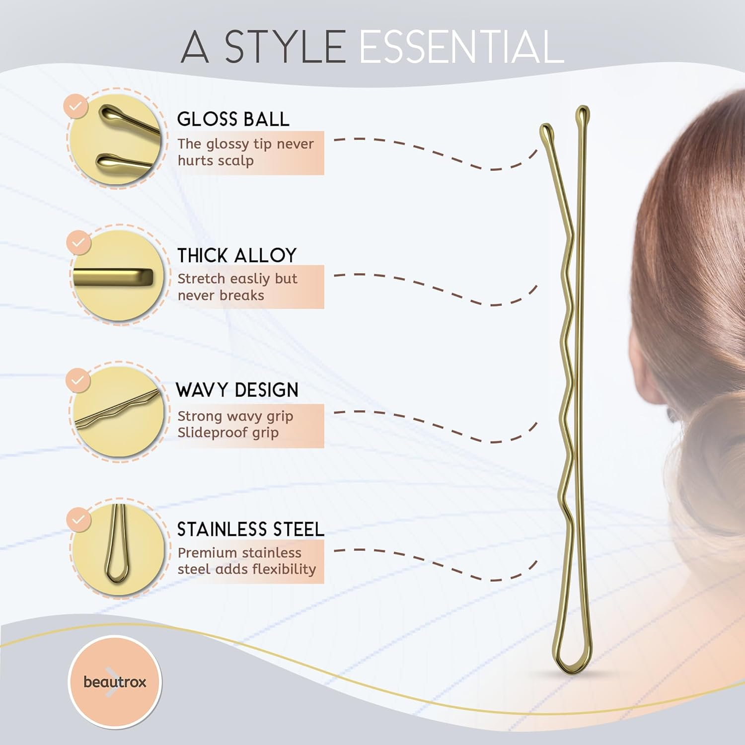 Beautrox Blonde Hair Pins for Women &mdash; 72 Pieces, 5.5Cm Blonde Hair Grips &mdash; Sturdy Steel Bobby Pins Blonde for All Day &mdash; Kirby Grips Suitable for All Hair Lengths & Thickness &mdash; Hair Accessories Women image number 6