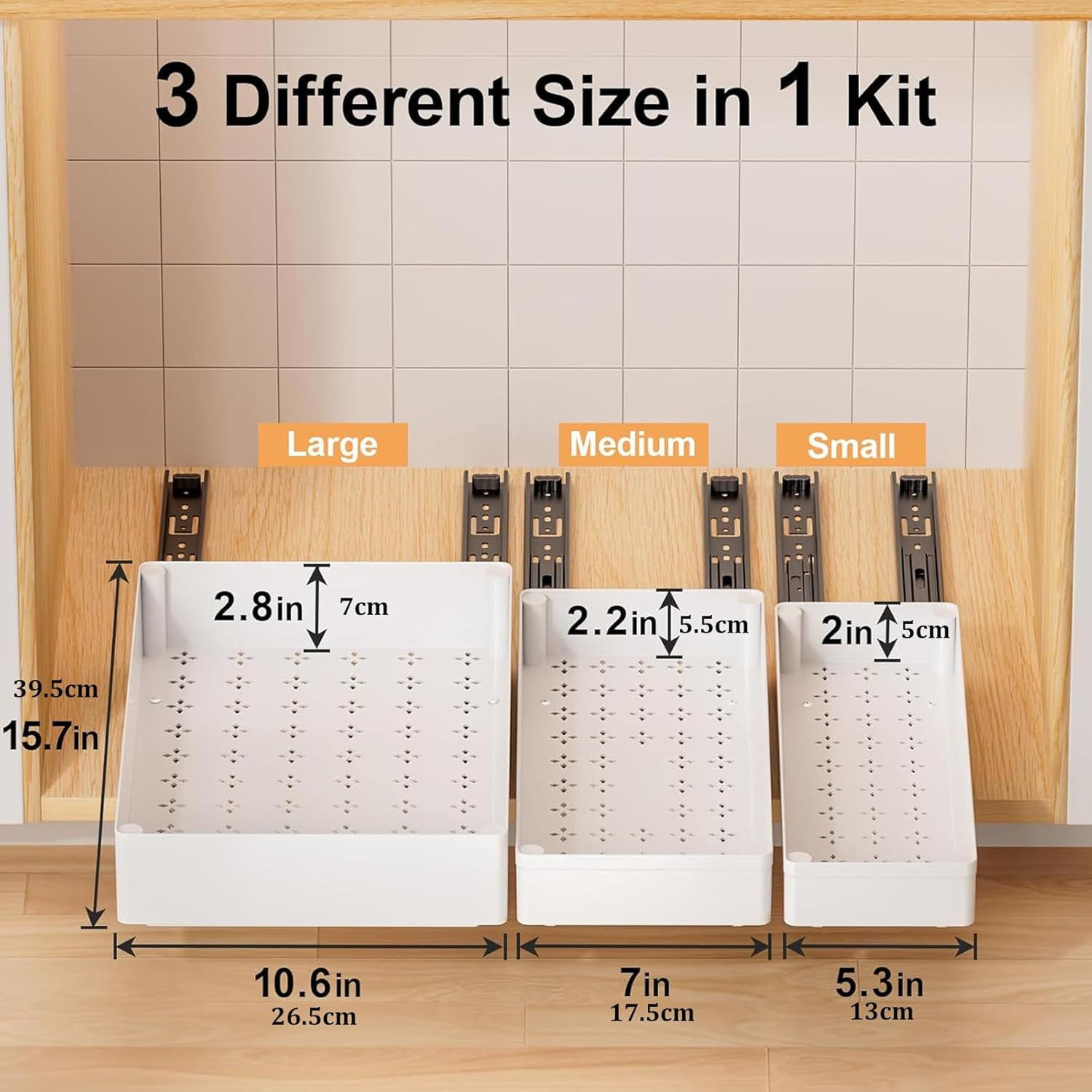 3 Packs Pull Out Cabinet Organizer, 40Cm Deep Slide Out Drawers, Roll Out Rack Shelves for Bathroom Kitchen Cabinets, White image number 3