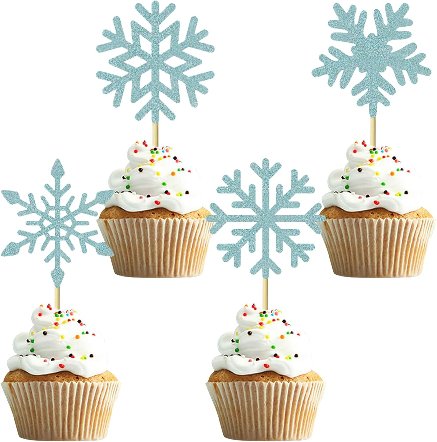 24Pcs Snowflake Cupcake Toppers Blue Glitter Winter Frozen Theme Snowflake Cupcake Picks Baby Shower Kids Birthday Christmas Party Cake Decorations Supplies image number 1