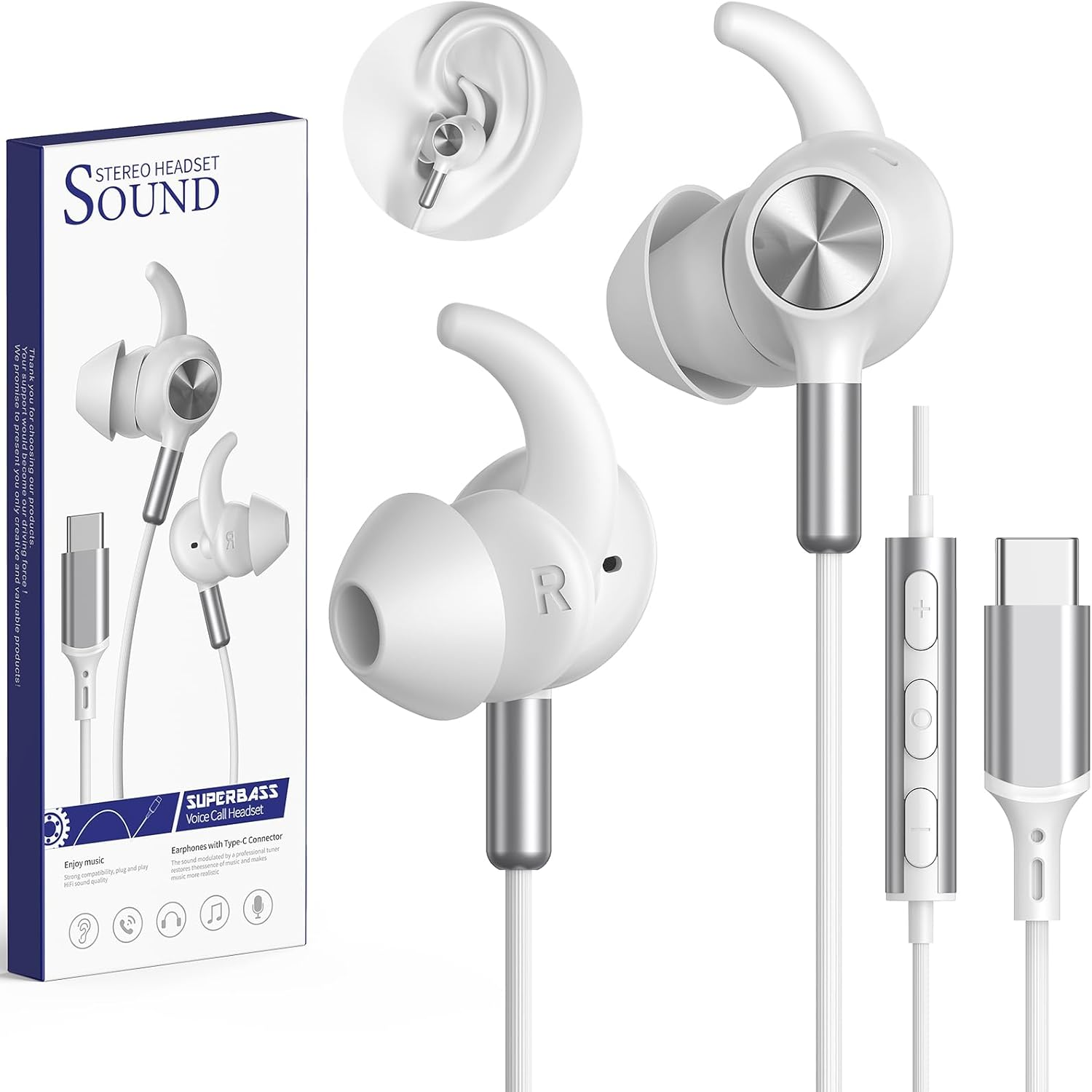 In-Ear Headphones USB C Anti-Fall Earplugs Microphone & Volume Control USB C Headphones with Cable for Samsung Galaxy S25 Ultra S24 A16 Iphone 16 15 Ipad Pixel 9 8 for Office Gaming Workout Music image number 1