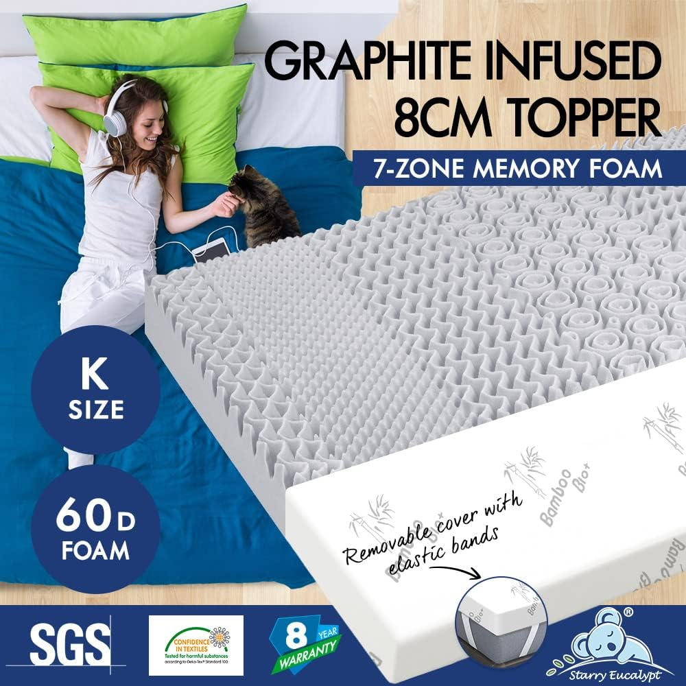 STARRY EUCALYPT Memory Foam Mattress Topper King Size with Removable Cover, 8Cm Thickness, Graphite Infused 7 Zone Design Beddings Bed Topper Cool Mat Pad image number 4