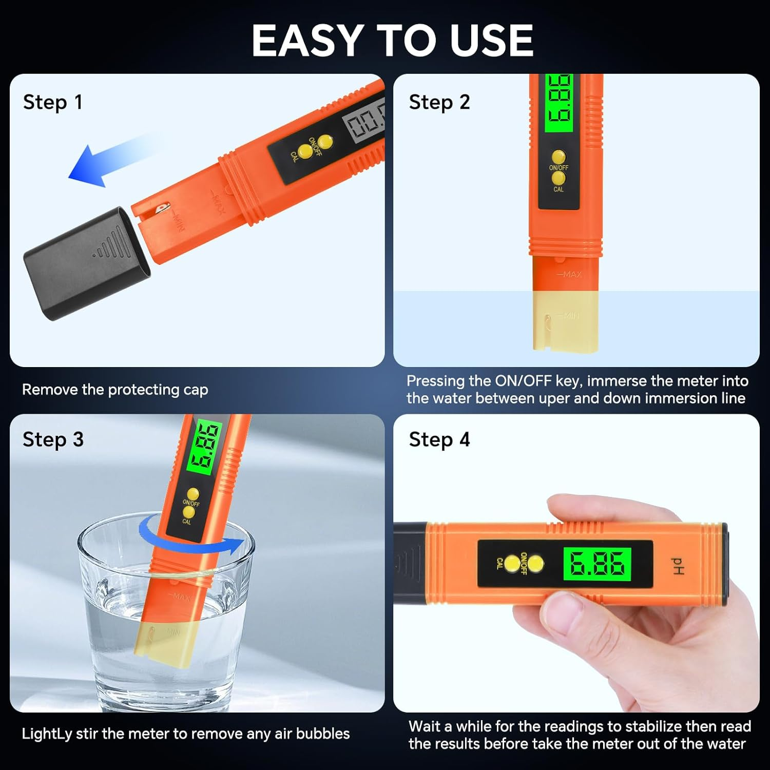 Digital Ph Meter, 0.01Ph High Accuracy Pen Type Ph Tester for Household Drinking with UL Certification and 3 Ph Calibration Powders (Orange) image number 2
