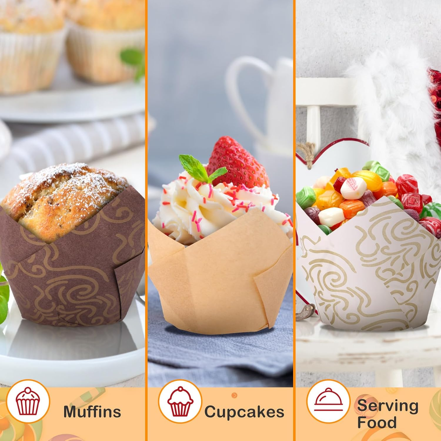Paper Muffin Liners 300PCS Cupcake Liner Paper Tulip Cupcake Liners Paper Baking Cups Greaseproof Muffin Liners Holders Unbleached Cupcake Liner Bake Choice Nordic Paper for Party Wedding Birthday image number 3