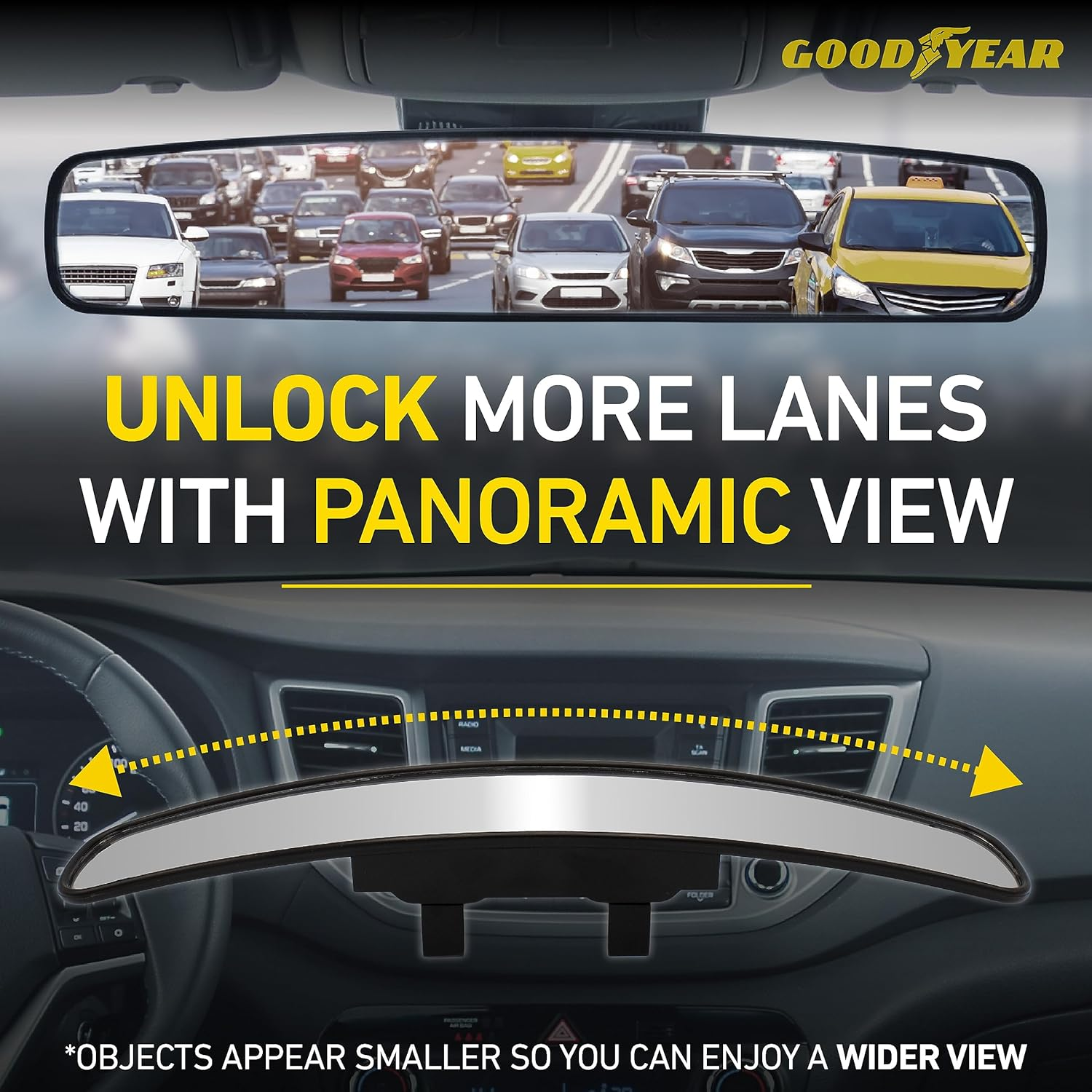 GOODYEAR [SUPER LARGE] 17&rdquo; Panoramic Rear View Mirror for Cars/Suvs, [PROMOTES SAFETY] Helps with PARALLEL PARKING, Fits ALL VEHICLES, Wide Angle Backseat Passenger Viewer, Extra Wide Size image number 5