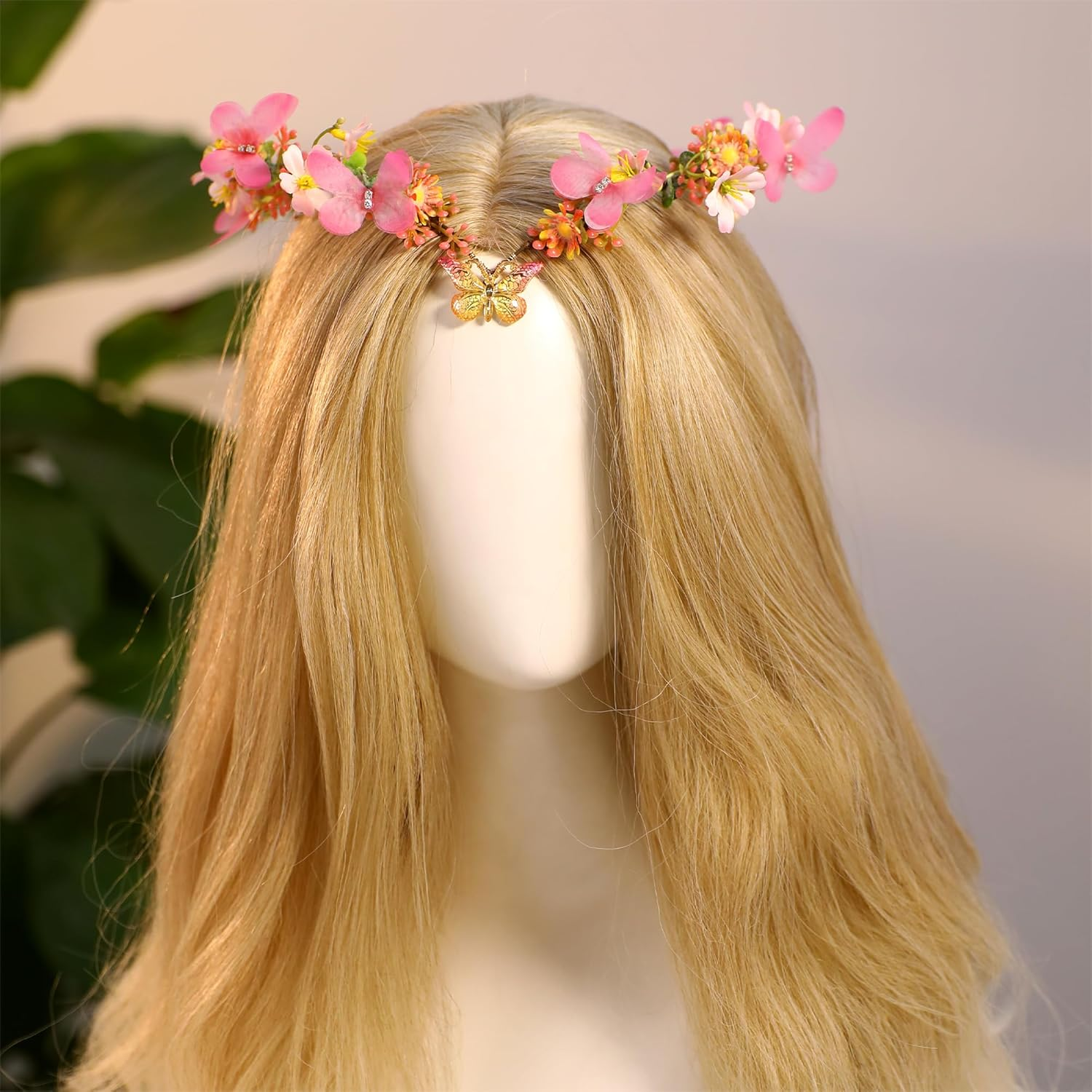 MOSTORY Butterfly Fairy Crown for Women Pink Elf Crown for Wedding Spring Photo Shoot image number 2