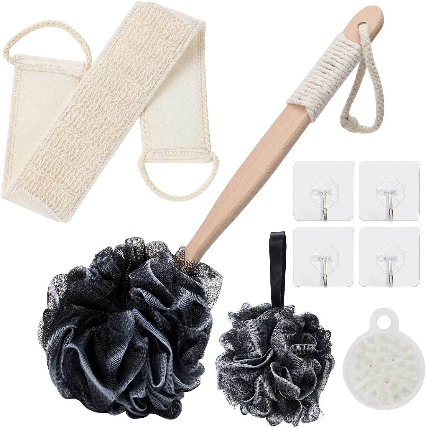Back Scrubber with Bamboo Charcoal,Includes 1 Long Handled Shower Sponge,1 Loofah Back Scrubber, 1 Bath & Shower Luffa Pouf,1 Silicone Scalp Massager & 4 Hook.Deep Clean & Vitalize Your Skin. image number 3