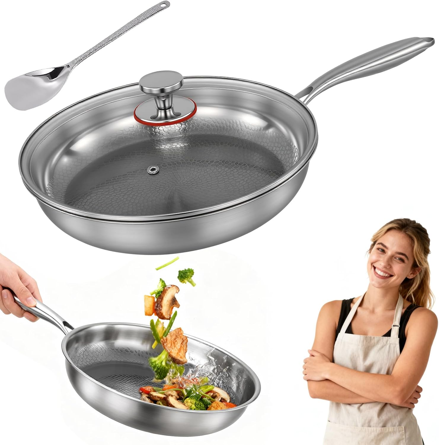 Titanium Hammered Pan Pro for Cooking, Titanium Panwith Lid, Stainless Steel Cookware Non Stick, Even Heating for Cooking (26Cm) image number 3