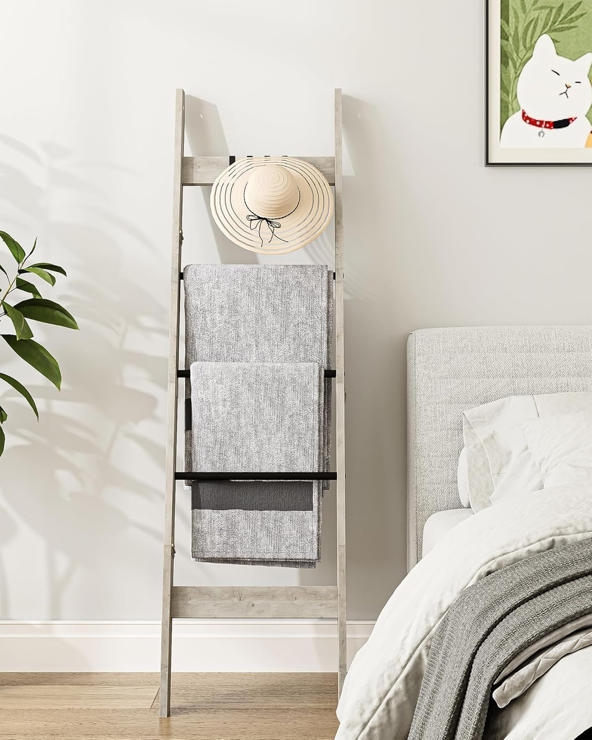 Hzuaneri Blanket Ladder Shelf for Living Room, Decorative Quilt Rack with 4 Removable Hooks, 5-Tier Farmhouse Ladder Holder Organizer for Bedroom, Greige and Black BR02105B image number 3