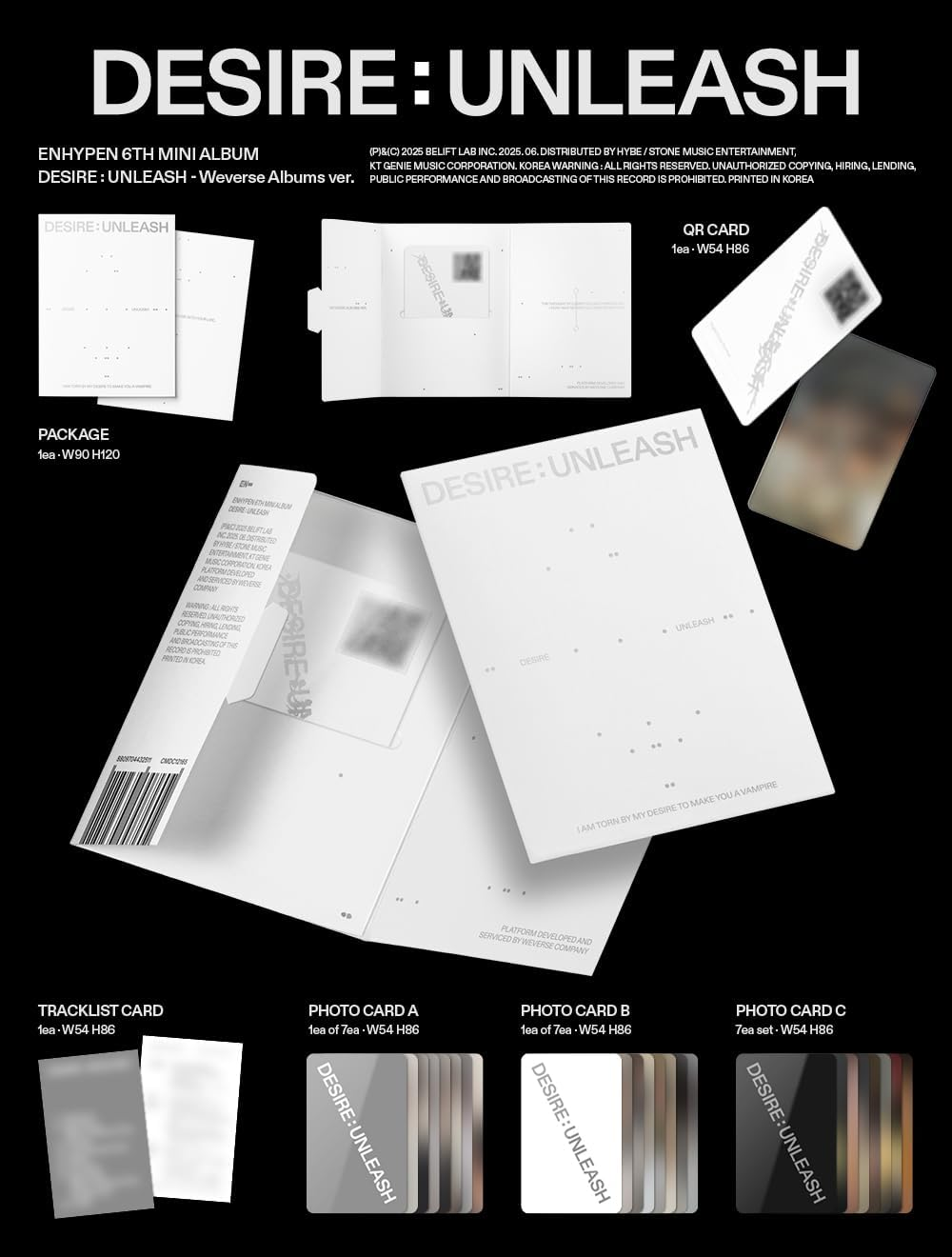 ENHYPEN DESIRE : UNLEASH 6Th Mini Album 5 Version Set Standard 3 Version Set(Make+You+Mine)+1Ea Engene Random Version+1Ea Weverse Albums Version+Tracking Sealed EN-