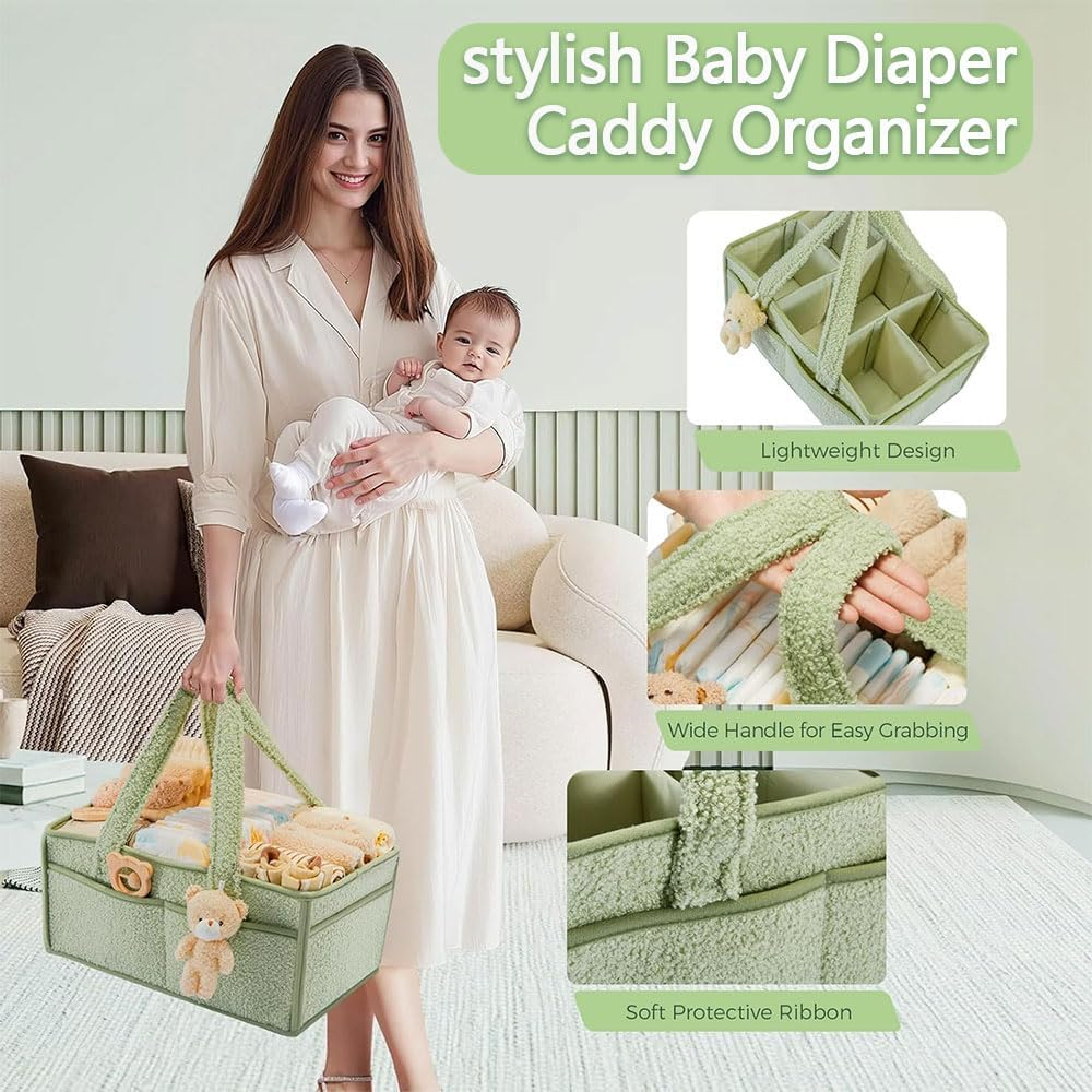 Baby Diaper Caddy Organizer with Handle, Portable Large Nursery Storage Basket with Pocket for Diapers, Wipes, Changing Table, Car & Travel &ndash; Gender Neutral Baby Storage Tote, Green image number 5