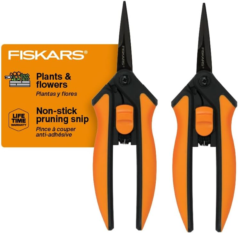 Fiskars Micro-Tip Pruning Snips Garden Shears - Plant Cutting Scissors with Sharp Precision-Ground Non-Stick Blade - 2-Count