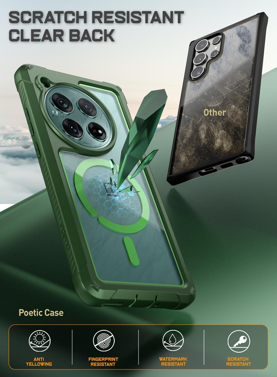Poetic Guardian Case for Oneplus 12 5G (2024), Built-In Screen Protector [Work with Fingerprint ID], [2 Front Frame] [Wireless Charge] Full Body Shockproof Rugged Clear Cover Case, Green/Clear
