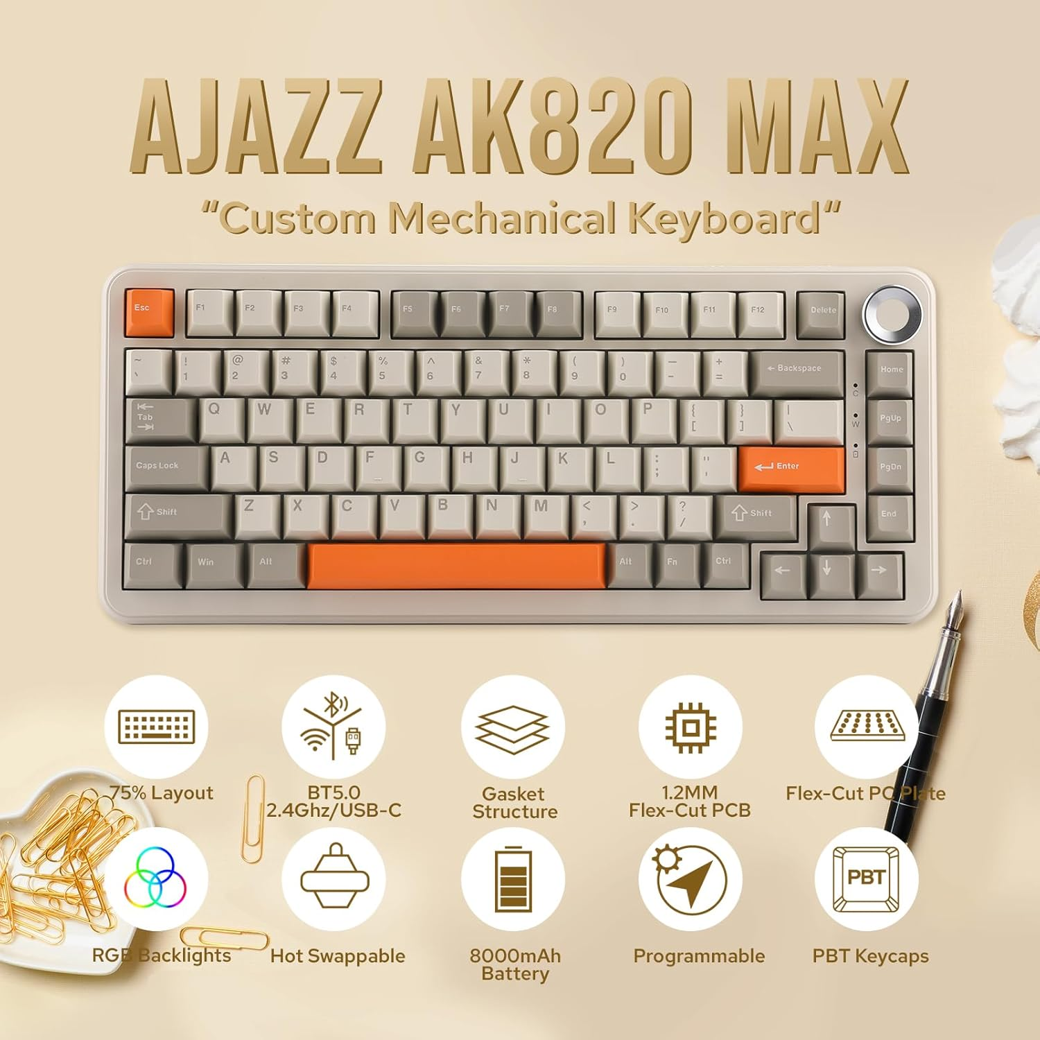 Mechlands AJAZZ AK820 MAX Upgraded Gasket Mechanical Keyboard, Bt5.0/Usb-C/2.4Ghz Wireless Gaming Keyboard, 75% Layout with 8000Mah Battery, Flex-Cut PCB, PC Plate, RGB for Win/Mac (Retro White)