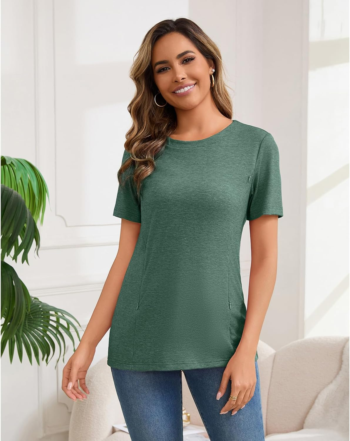 GINKANA Women'S Nursing Shirts Short Sleeve Breastfeeding Tshirt with Hidden Zippers Loose Fit Nursing Tops image number 5