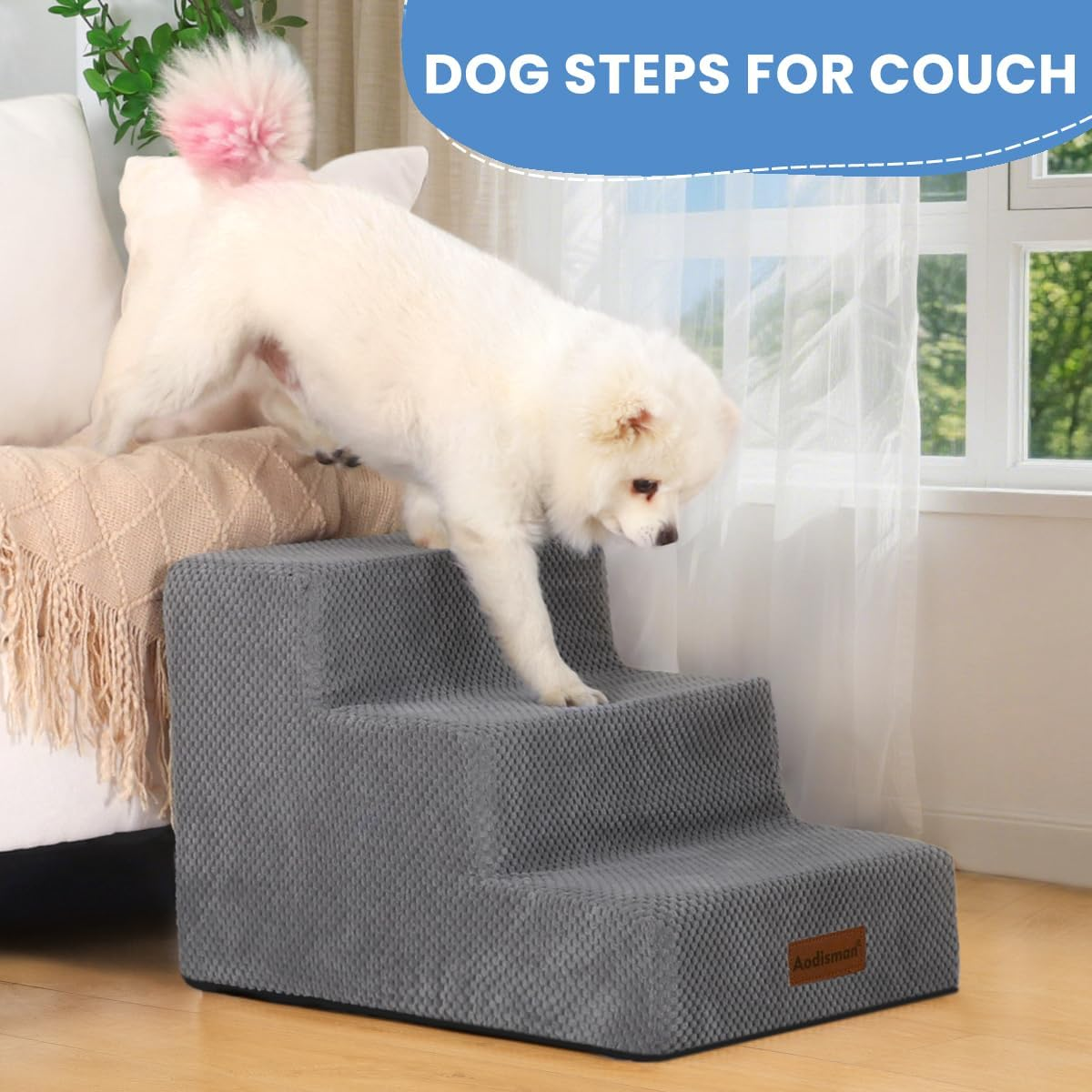 Dog Stairs for Small Dogs & Cats, 3-Step Non-Slip Pet Steps for Couch Sofa and Chair, Grey, 13.6" H image number 4
