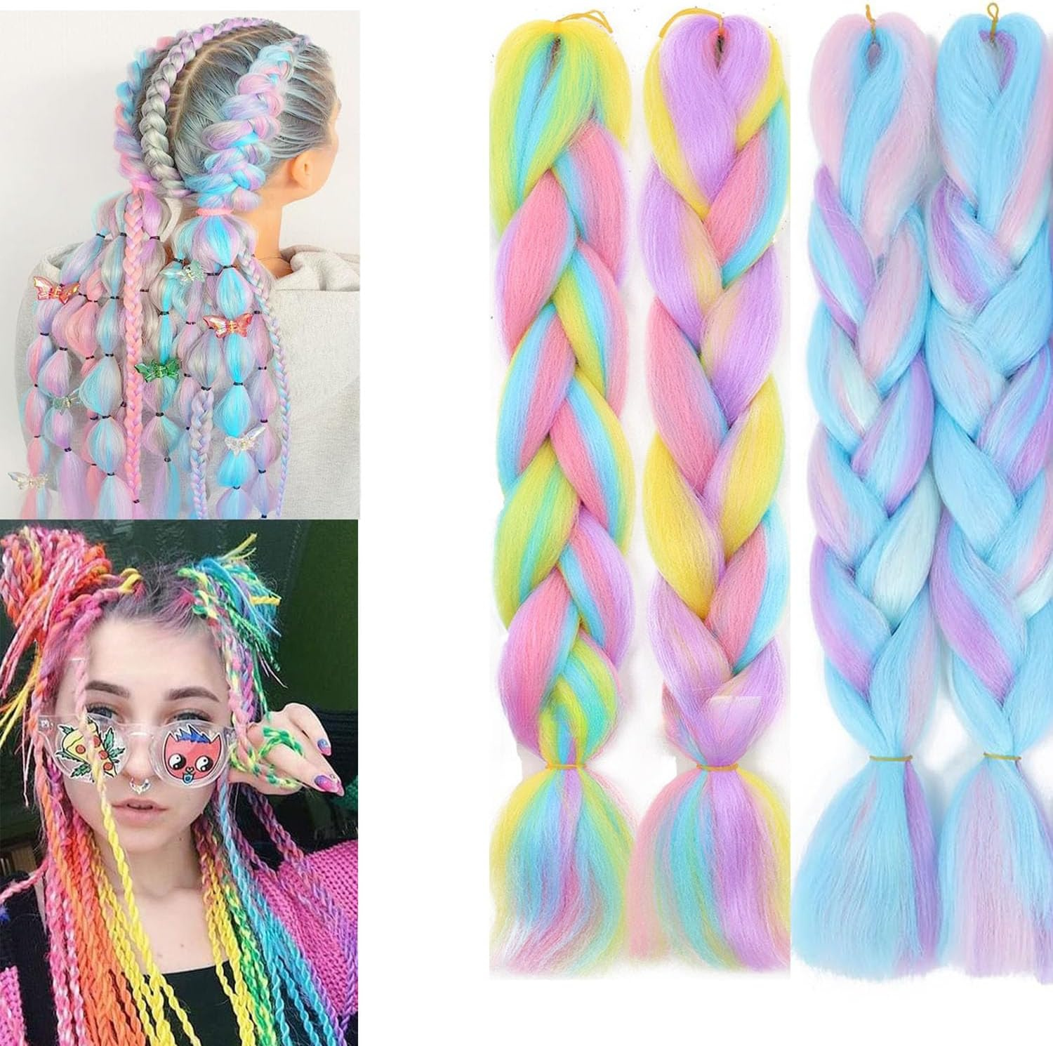 Colorful Hair Extensions 4 PACK, Upgrade 8 Colors 24" Long Braiding Hair Synthetic Hair Extensions Braid Synthetic Fiber Hair for Women Girl image number 6